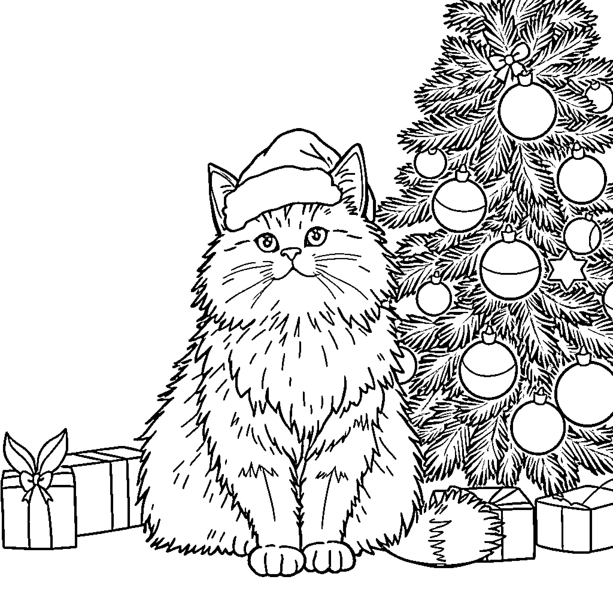 Cat in Santa Hat by Christmas Tree Coloring Page (free black-and-white line drawing printable PDF for all, from beginners to advanced learners, including children, teens, adults, and seniors)