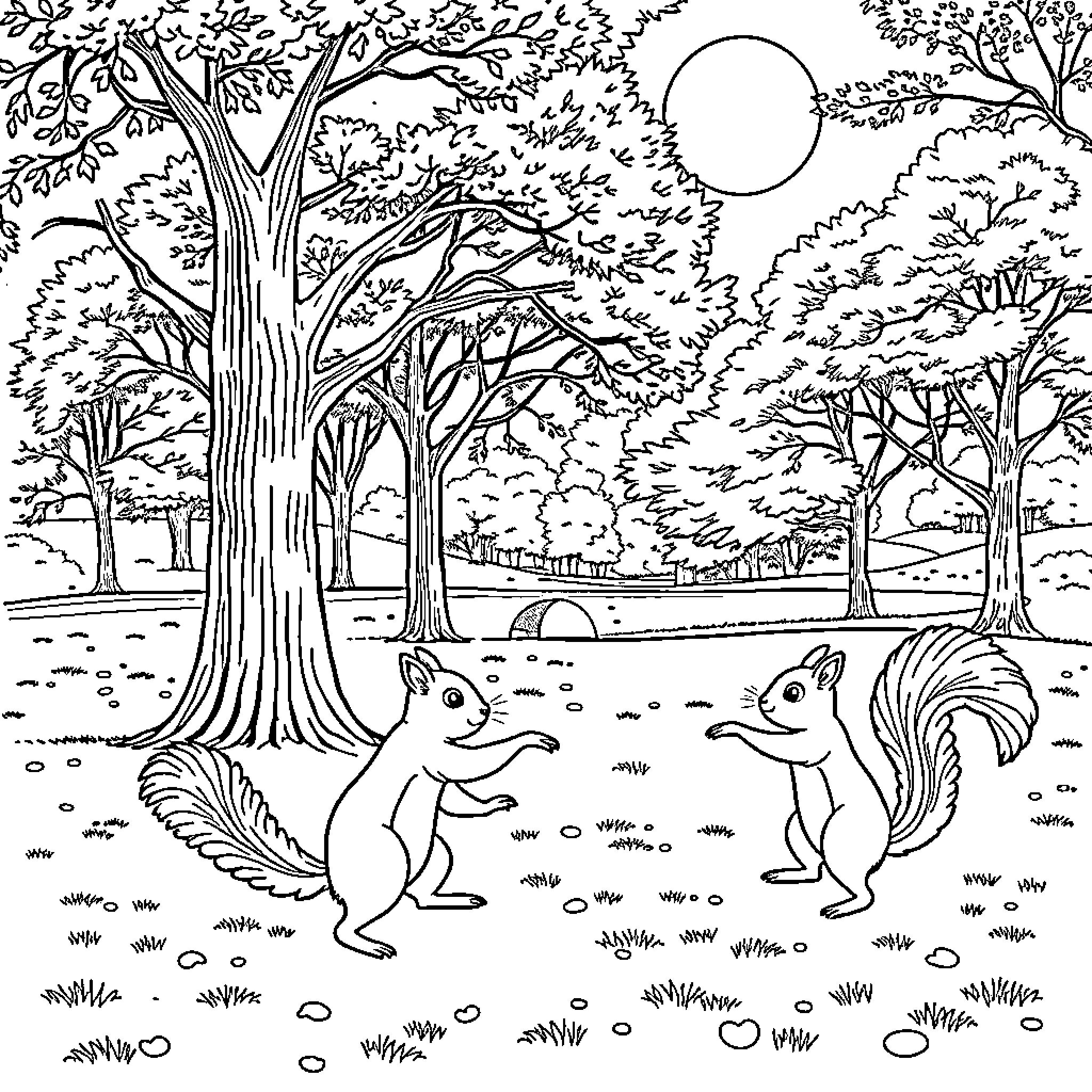 Squirrels playing merrily in the forest Coloring Page (free black-and-white line drawing printable PDF for all, from beginners to advanced learners, including children, teens, adults, and seniors)