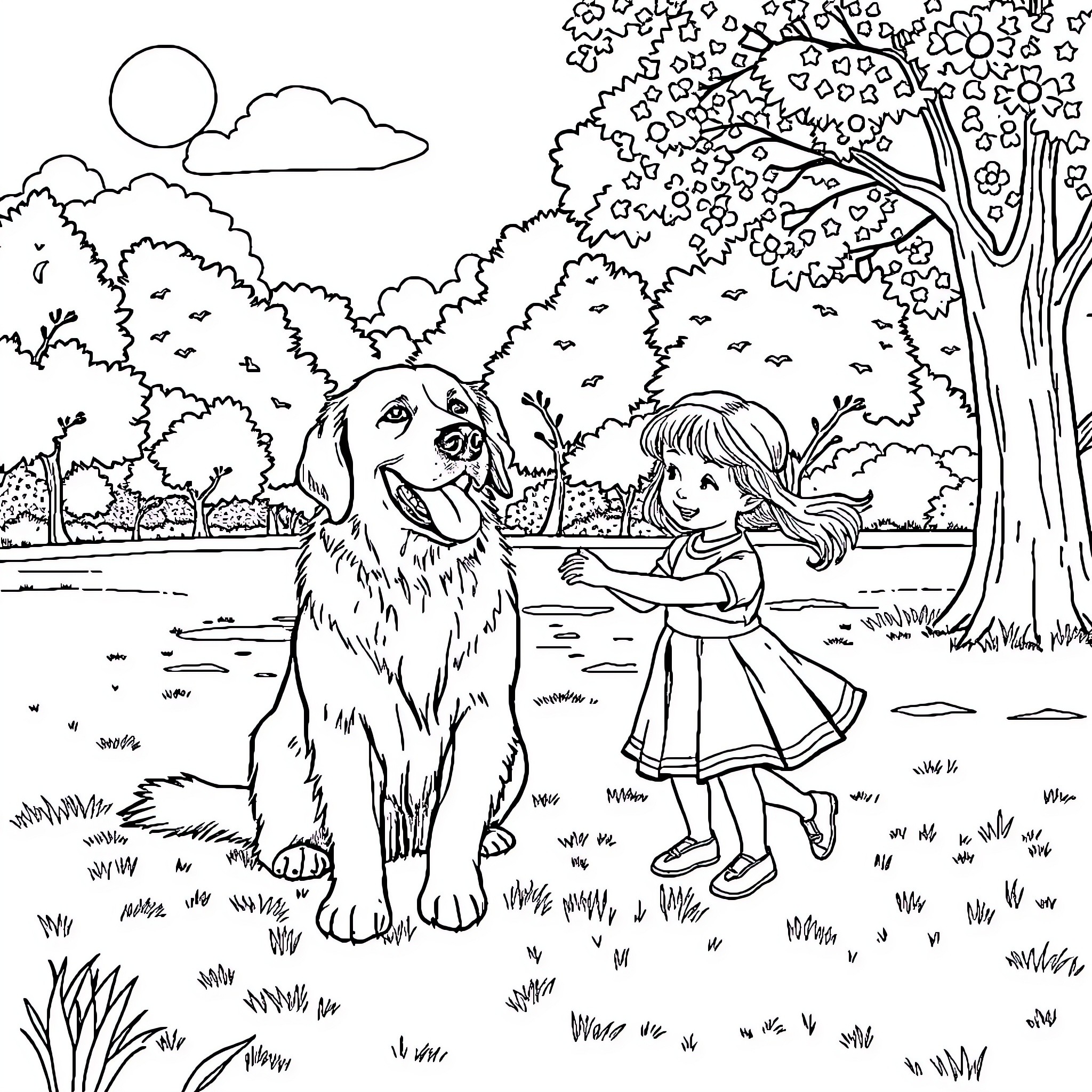 Golden Retriever playing with a girl in the park Coloring Page (free black-and-white line drawing printable PDF for all, from beginners to advanced learners, including children, teens, adults, and seniors)