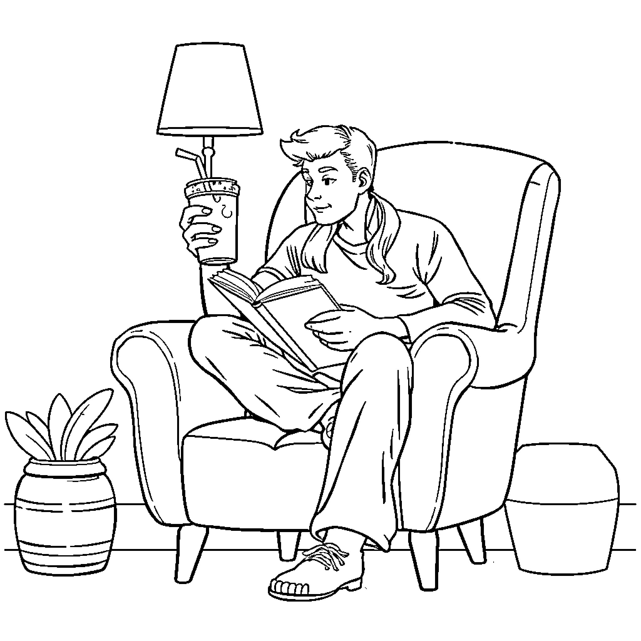 Coffee Break for Relaxed Reading Coloring Page (free black-and-white line drawing printable PDF for all, from beginners to advanced learners, including children, teens, adults, and seniors)