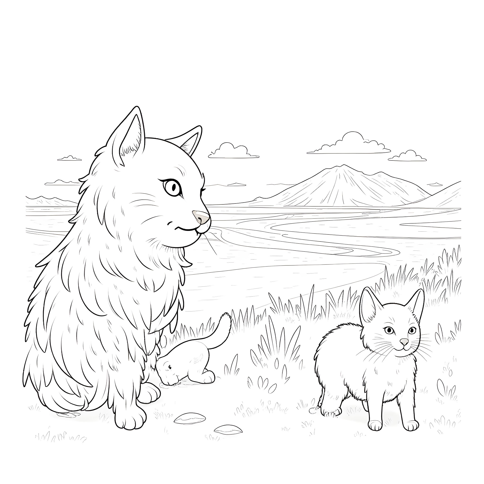 Kitty cats in a scenic nature landscape Coloring Page (free black-and-white line drawing printable PDF for all, from beginners to advanced learners, including children, teens, adults, and seniors)