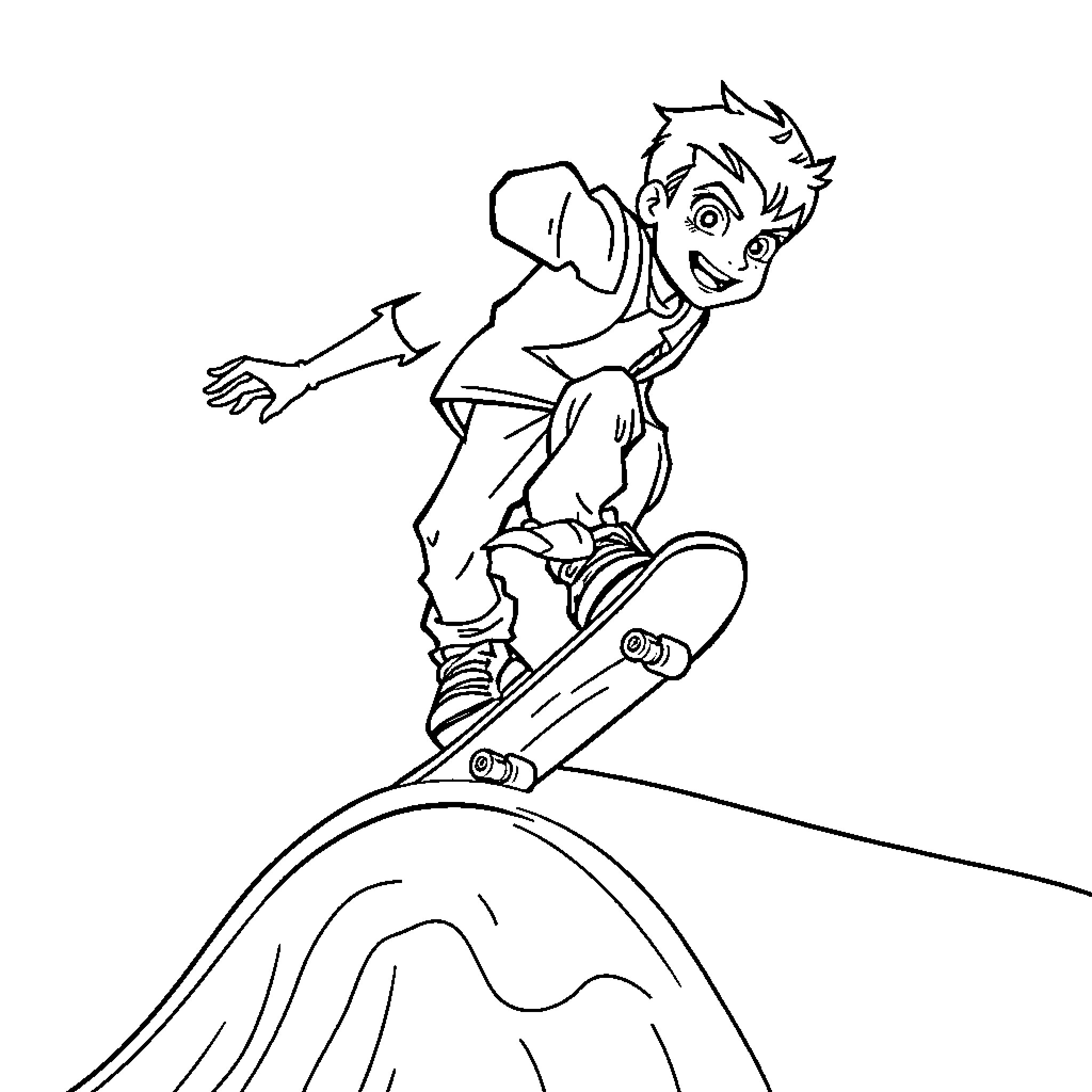 Ben 10 doing skateboard tricks on the slopes Coloring Page (free black-and-white line drawing printable PDF for all, from beginners to advanced learners, including children, teens, adults, and seniors)