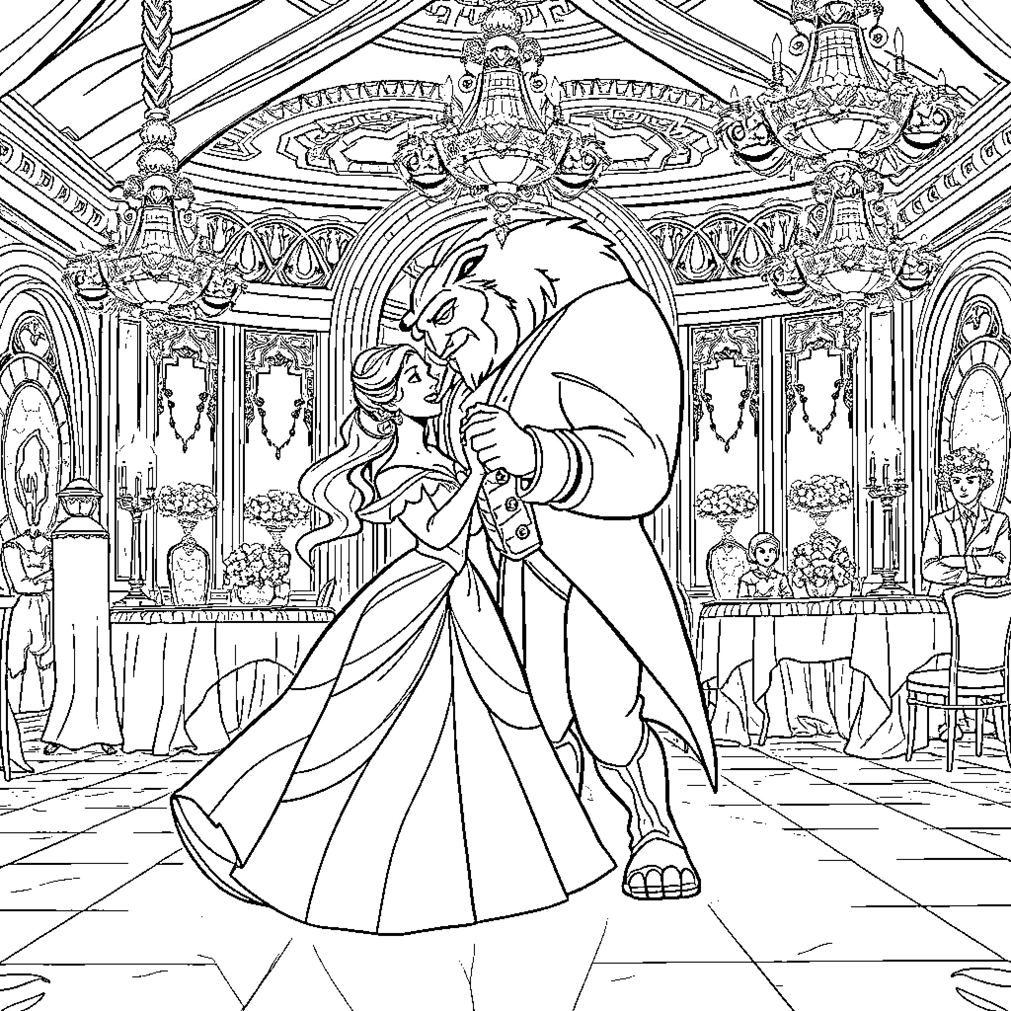 Bella's Enchanted Ball Dance with the Beast Coloring Page (free black-and-white line drawing printable PDF for all, from beginners to advanced learners, including children, teens, adults, and seniors)