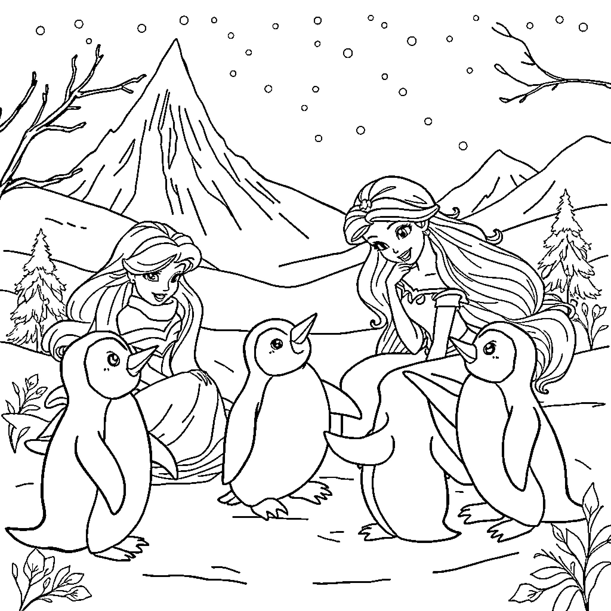 Princess Interacts with Playful Penguins in Snowy Landscape Coloring Page (free black-and-white line drawing printable PDF for all, from beginners to advanced learners, including children, teens, adults, and seniors)