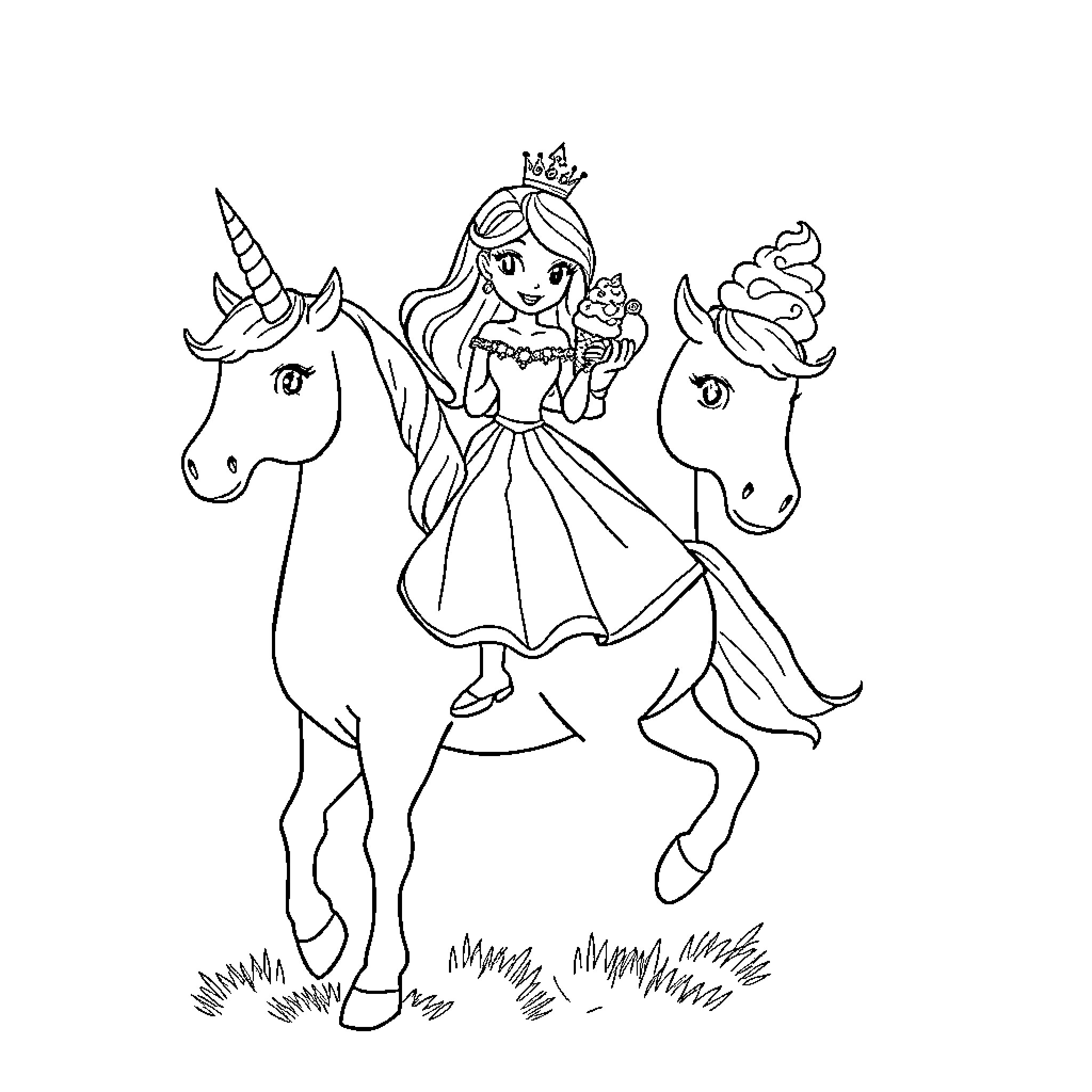 Princess riding unicorns with ice cream treats Coloring Page (free black-and-white line drawing printable PDF for all, from beginners to advanced learners, including children, teens, adults, and seniors)