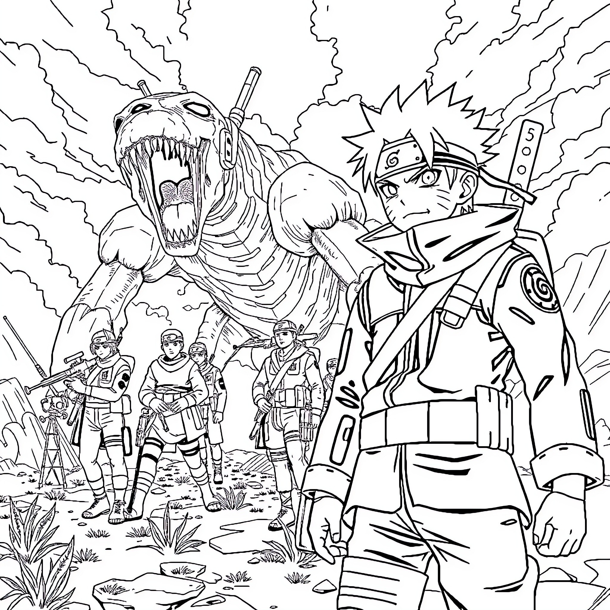 Naruto and Team in Intense Battle Scenario Coloring Page (free black-and-white line drawing printable PDF for all, from beginners to advanced learners, including children, teens, adults, and seniors)