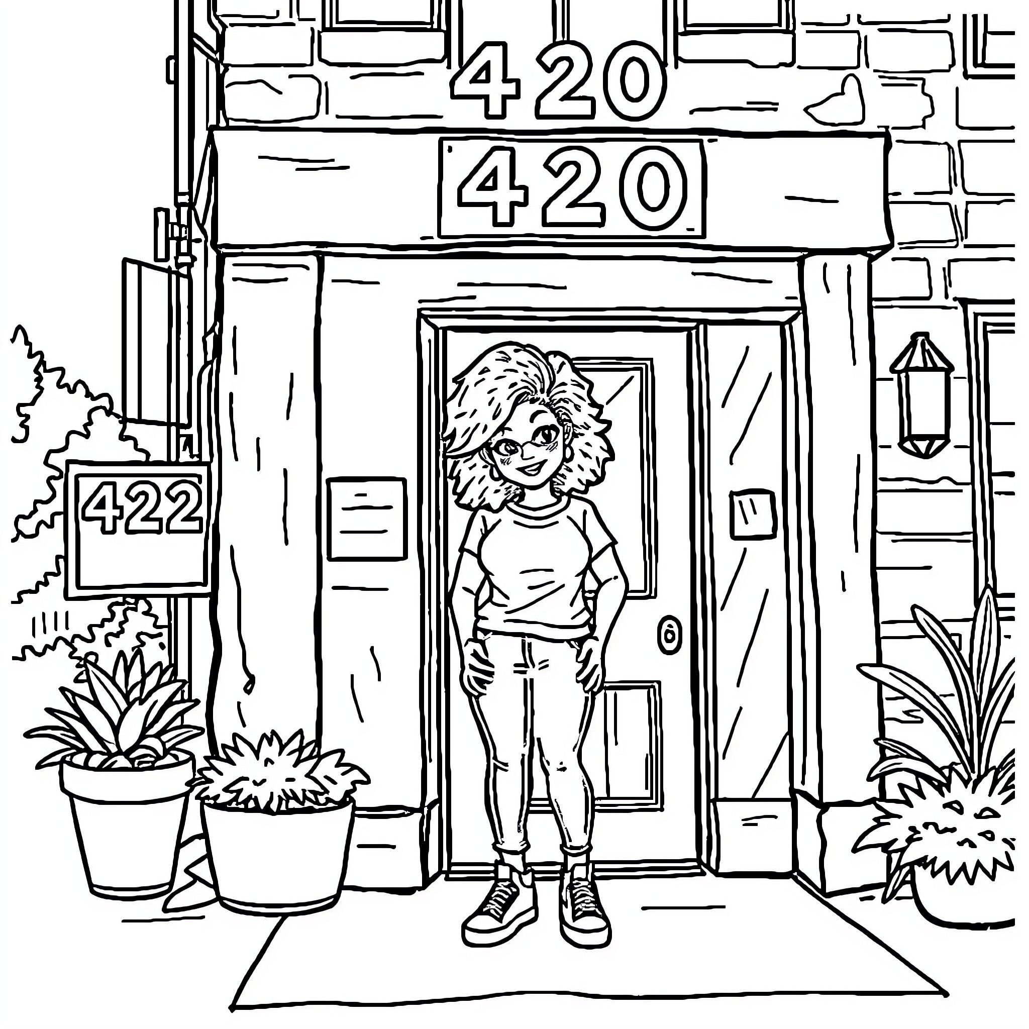 Simone in front of a 420 building Coloring Page (free black-and-white line drawing printable PDF for all, from beginners to advanced learners, including children, teens, adults, and seniors)