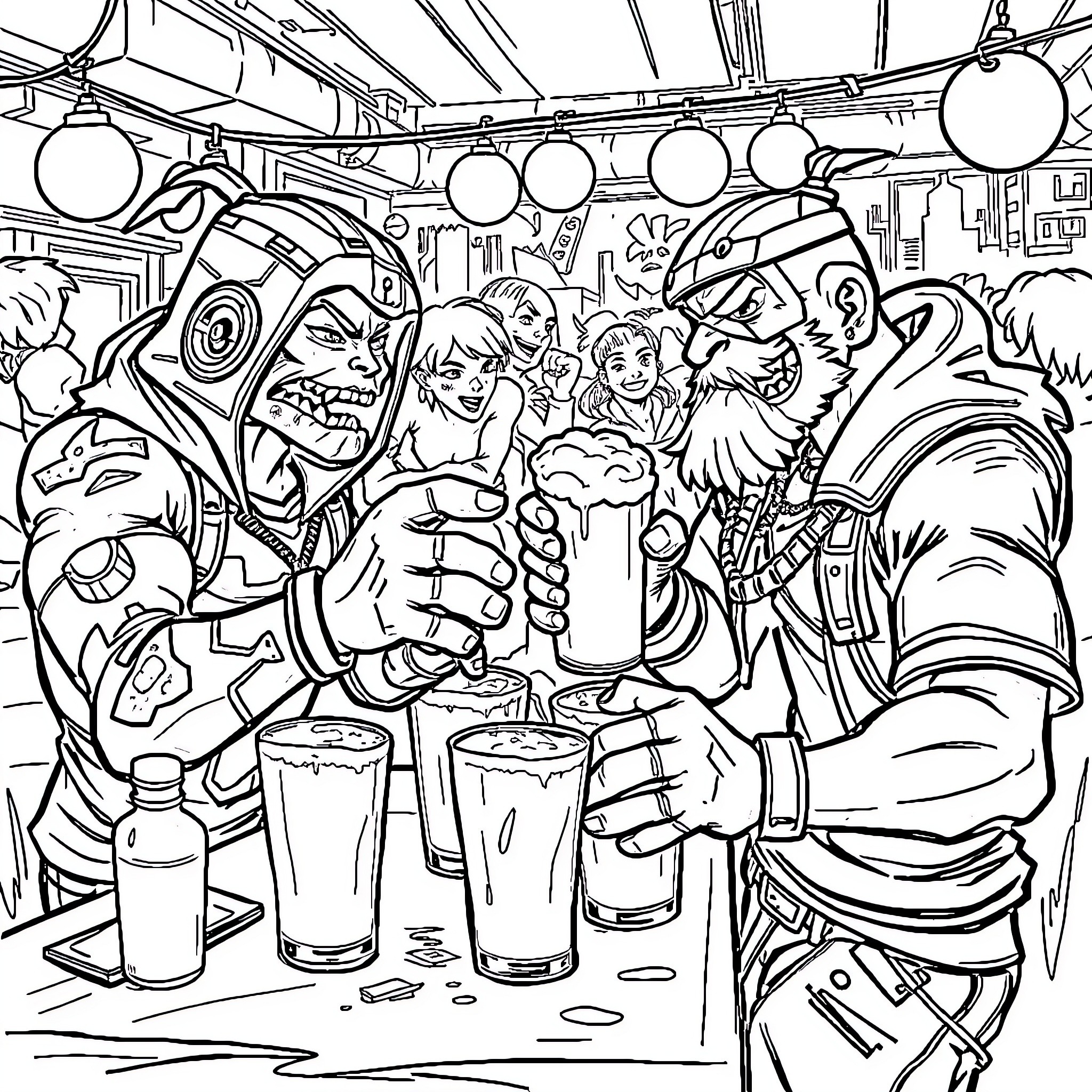 Renekton's Chaotic Celebration in the Bar Coloring Page (free black-and-white line drawing printable PDF for all, from beginners to advanced learners, including children, teens, adults, and seniors)