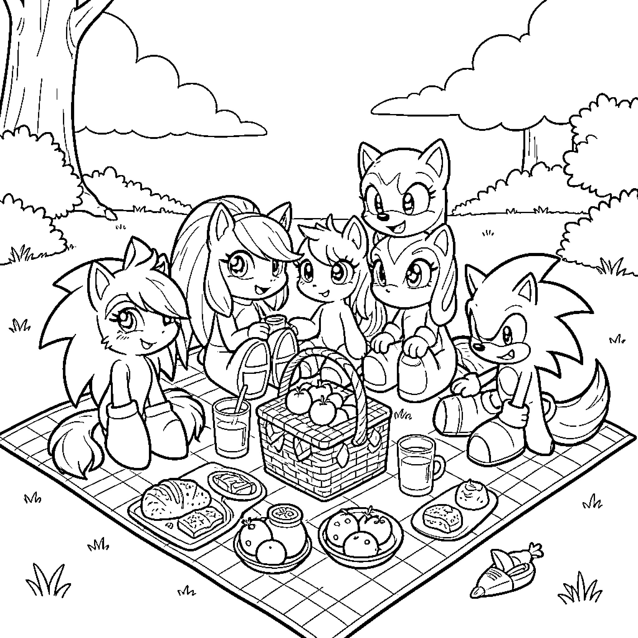 Characters enjoying a picnic together on a blanket Coloring Page (free black-and-white line drawing printable PDF for all, from beginners to advanced learners, including children, teens, adults, and seniors)
