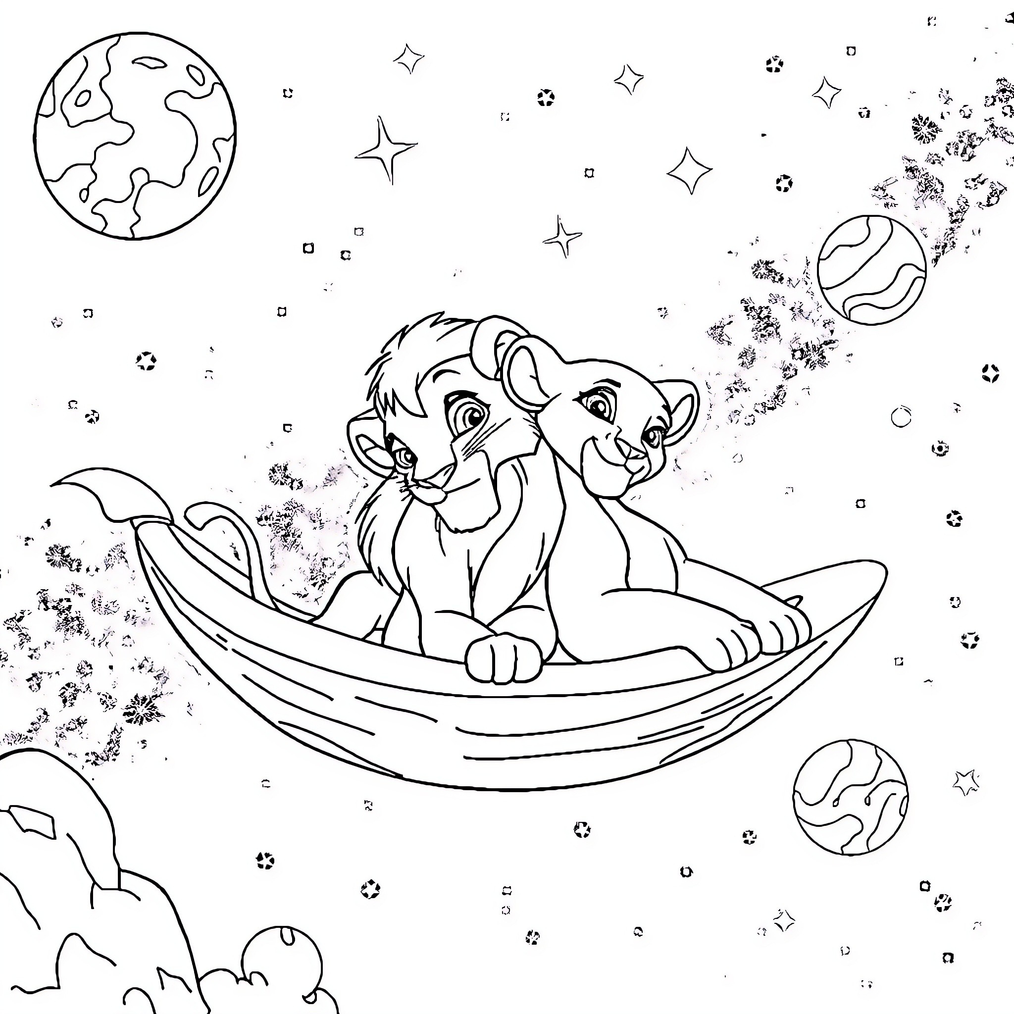 Simba exploring the celestial night sky Coloring Page (free black-and-white line drawing printable PDF for all, from beginners to advanced learners, including children, teens, adults, and seniors)