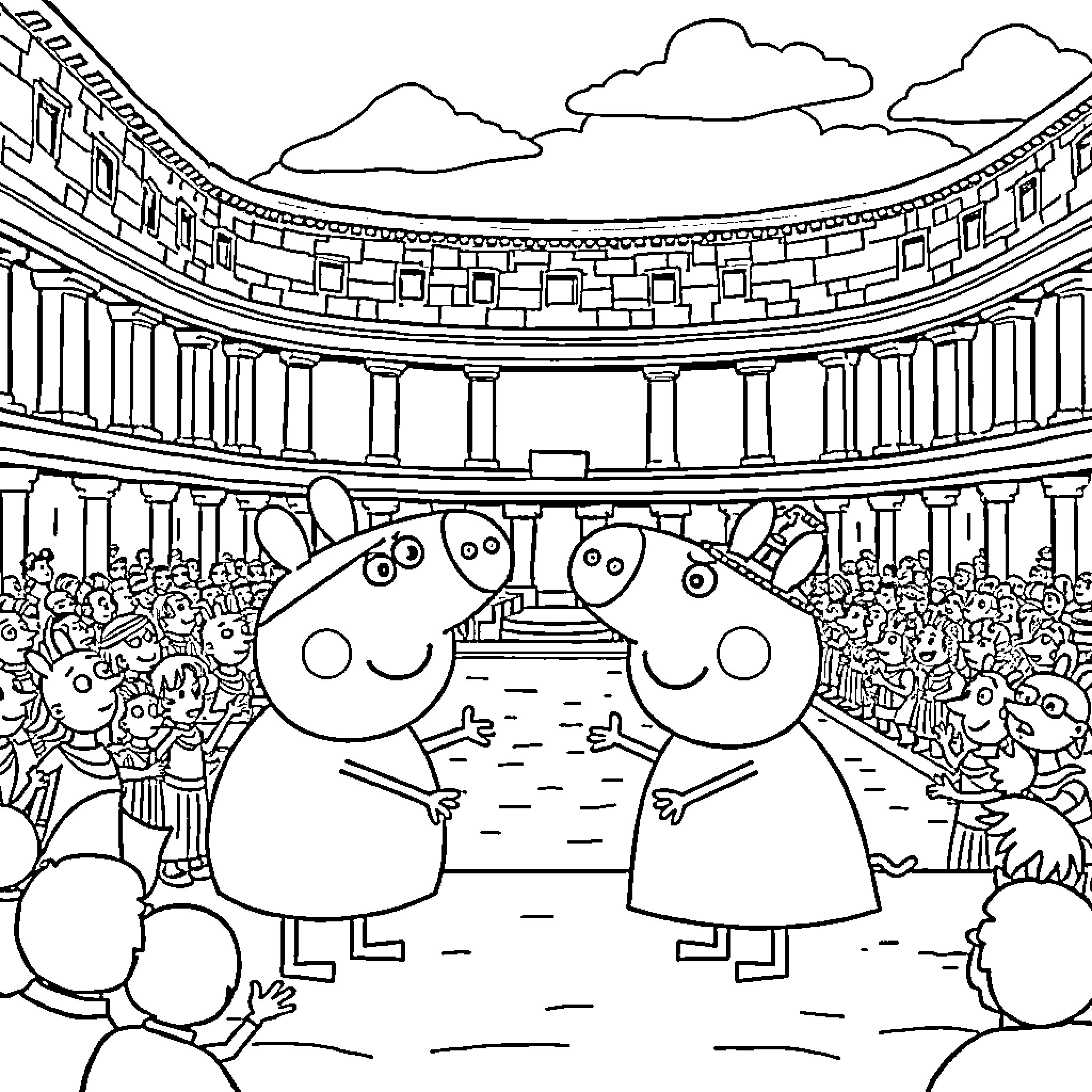 Peppa Pig and Friends at the Amphitheater Coloring Page (free black-and-white line drawing printable PDF for all, from beginners to advanced learners, including children, teens, adults, and seniors)