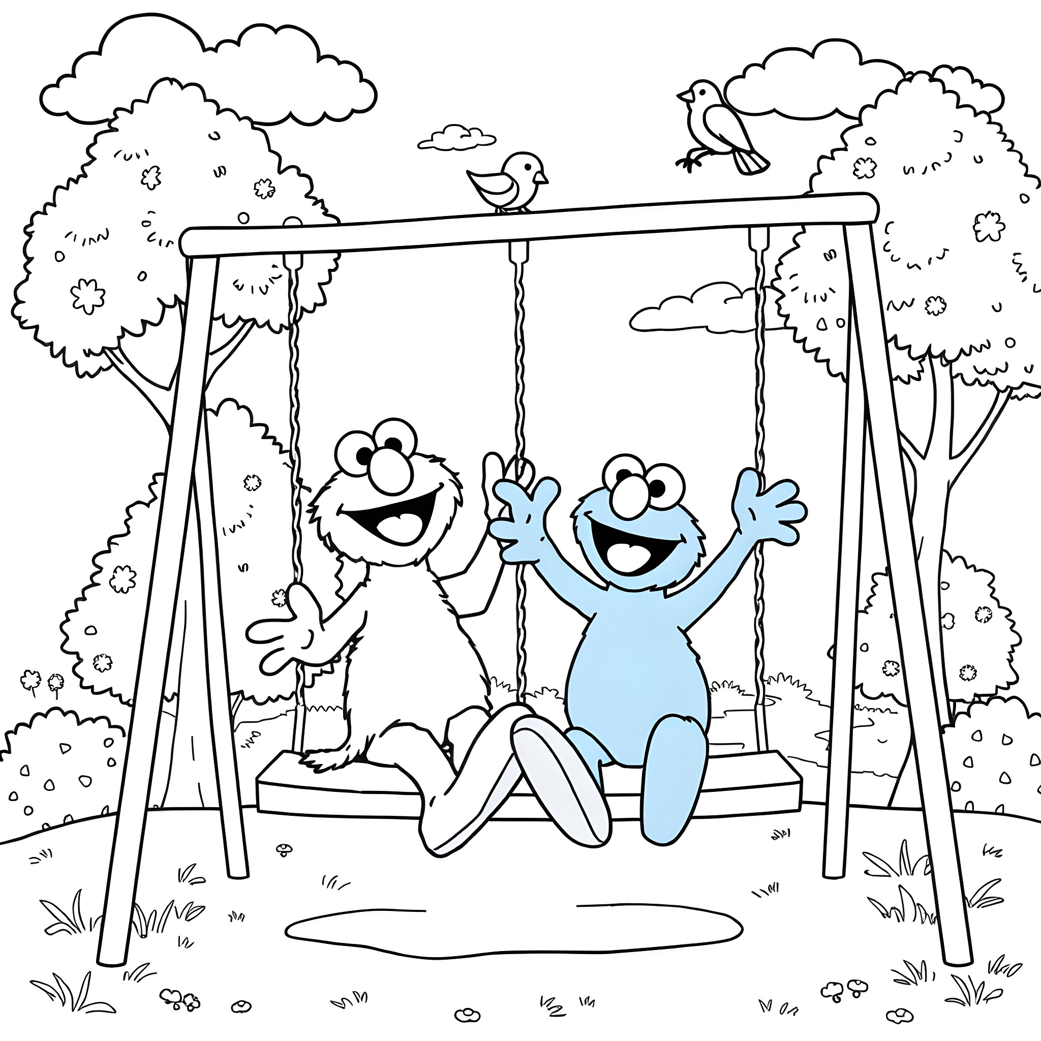 Elmo and friends enjoying a playful day on the swings Coloring Page (free black-and-white line drawing printable PDF for all, from beginners to advanced learners, including children, teens, adults, and seniors)