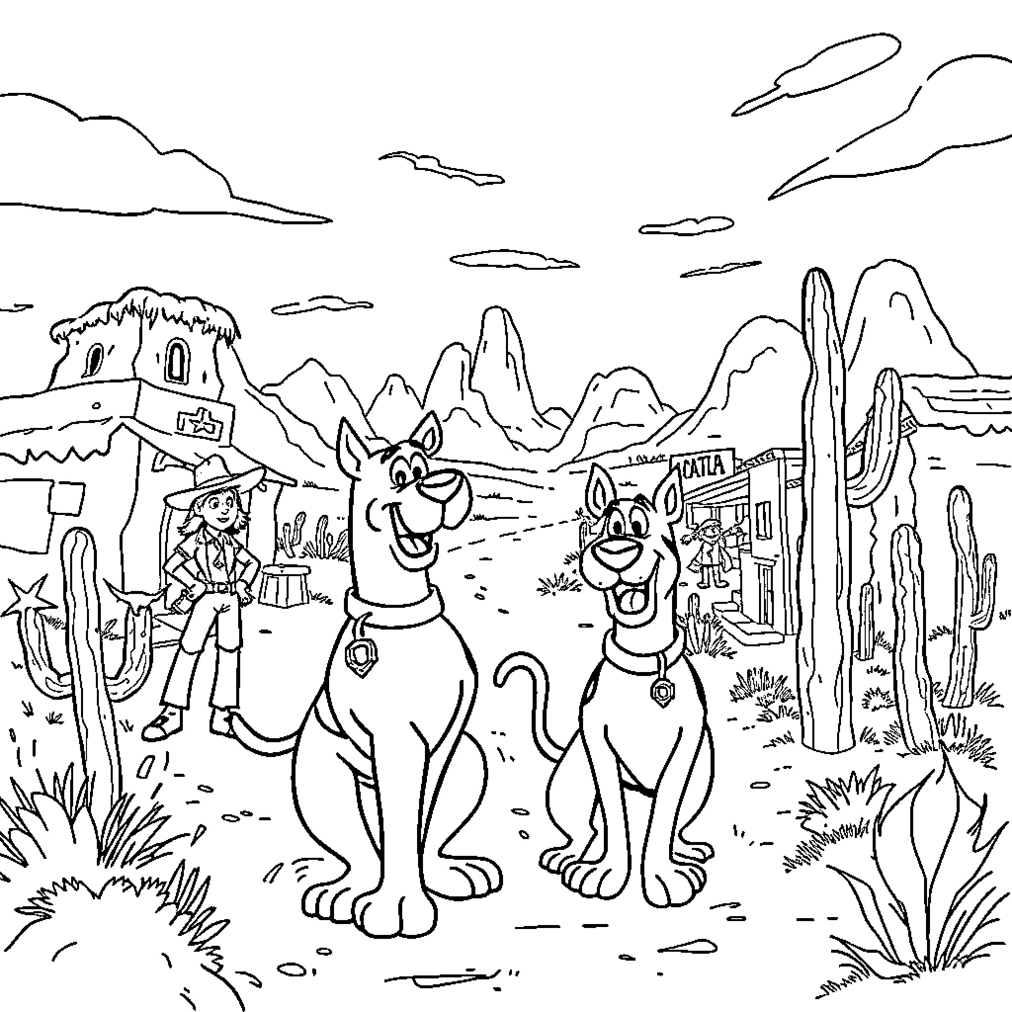 Scooby Doo and Shaggy Exploring the Desert Coloring Page (free black-and-white line drawing printable PDF for all, from beginners to advanced learners, including children, teens, adults, and seniors)