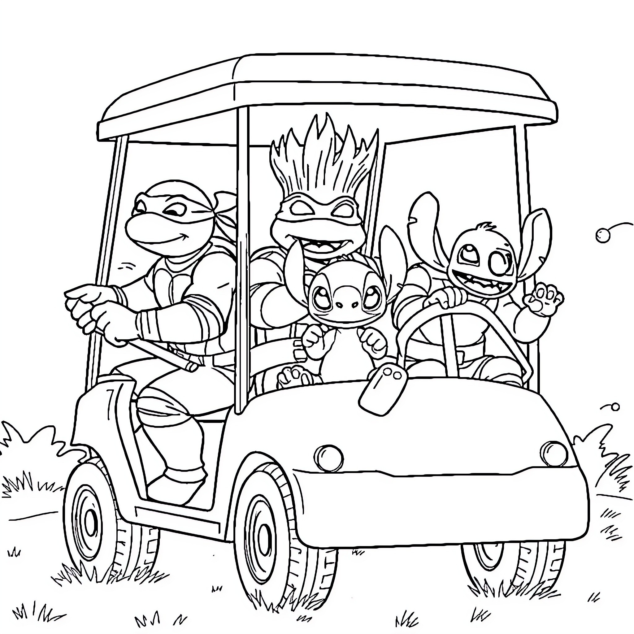 Ninja Turtles riding in a buggy Coloring Page (free black-and-white line drawing printable PDF for all, from beginners to advanced learners, including children, teens, adults, and seniors)