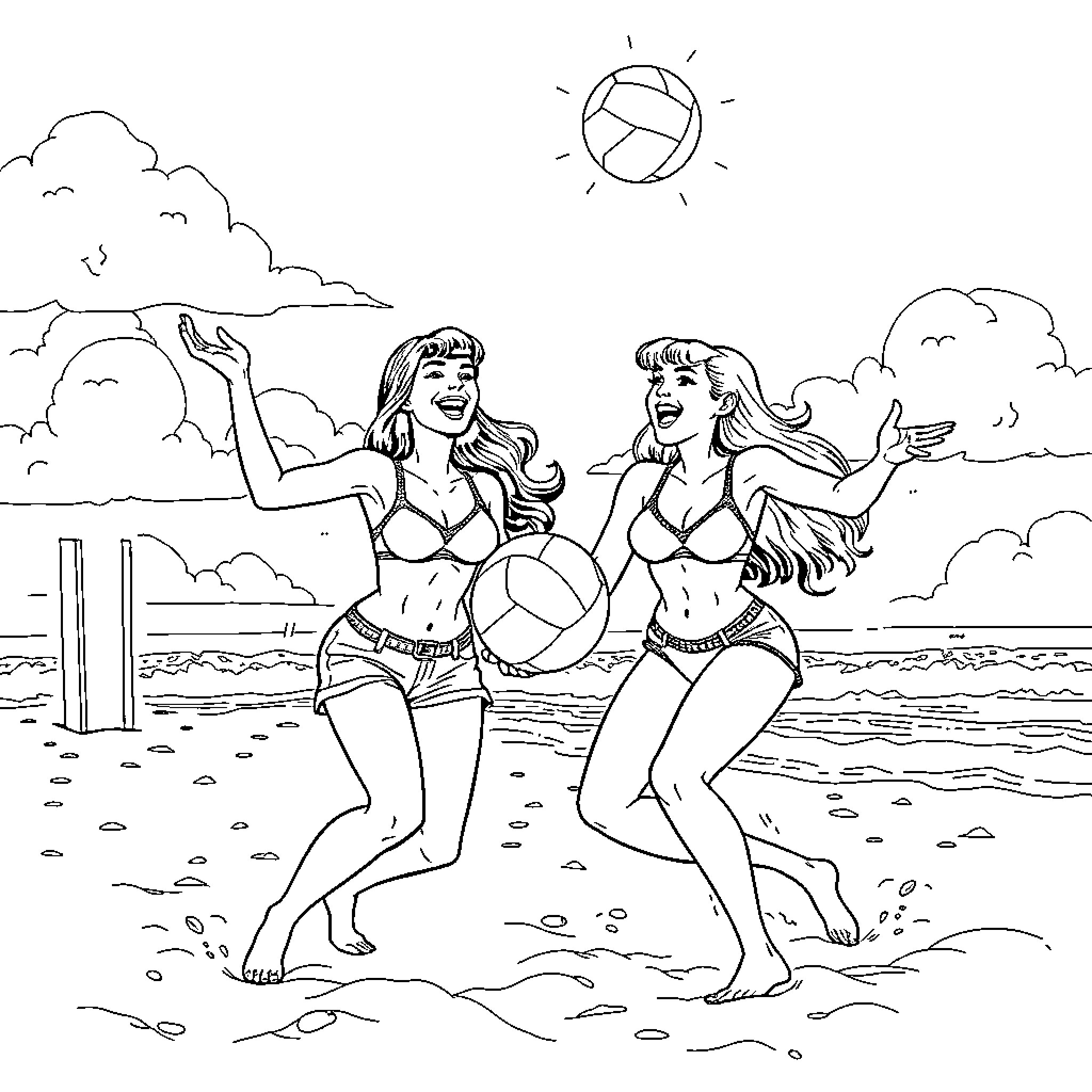 Betty and her friend play beach volleyball on sunny day Coloring Page (free black-and-white line drawing printable PDF for all, from beginners to advanced learners, including children, teens, adults, and seniors)