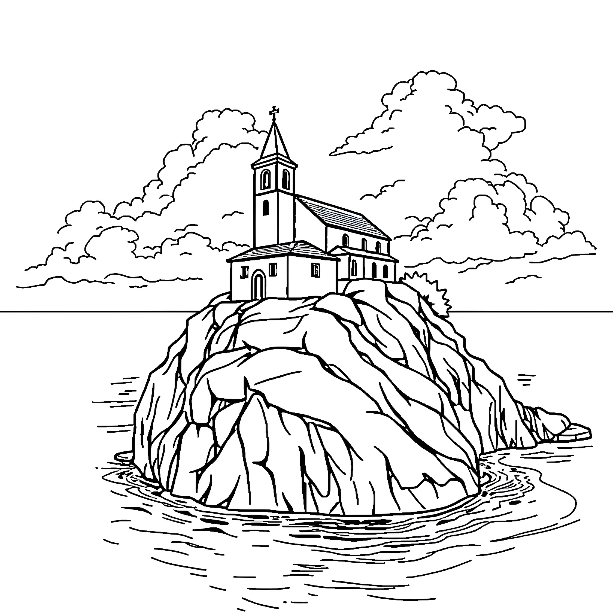 Church on a rocky island amid clouds Coloring Page (free black-and-white line drawing printable PDF for all, from beginners to advanced learners, including children, teens, adults, and seniors)