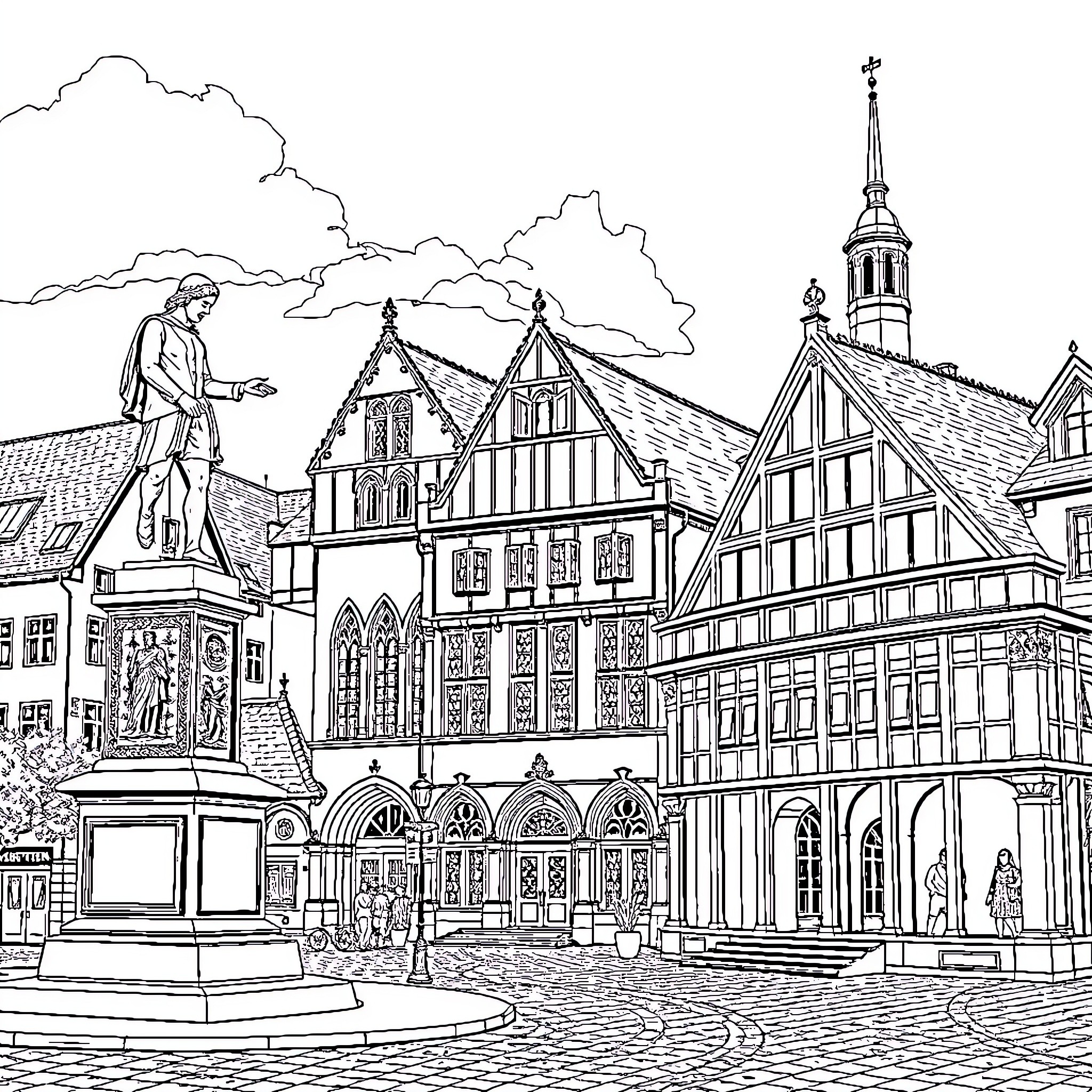 Göttingen's Historic Architecture and Landmarks Coloring Page (free black-and-white line drawing printable PDF for all, from beginners to advanced learners, including children, teens, adults, and seniors)