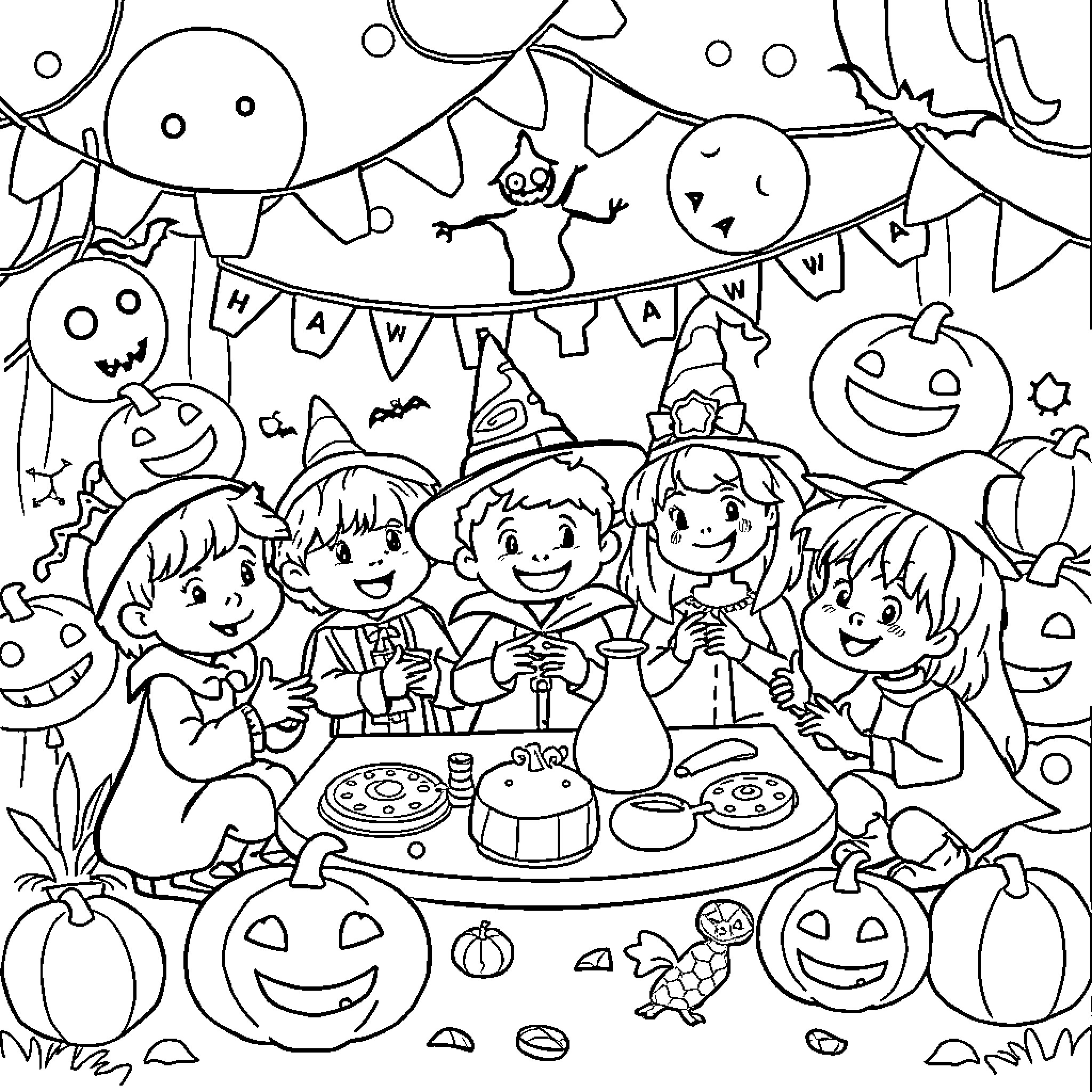 Kid's Halloween Party with Decorations and Treats Coloring Page (free black-and-white line drawing printable PDF for all, from beginners to advanced learners, including children, teens, adults, and seniors)