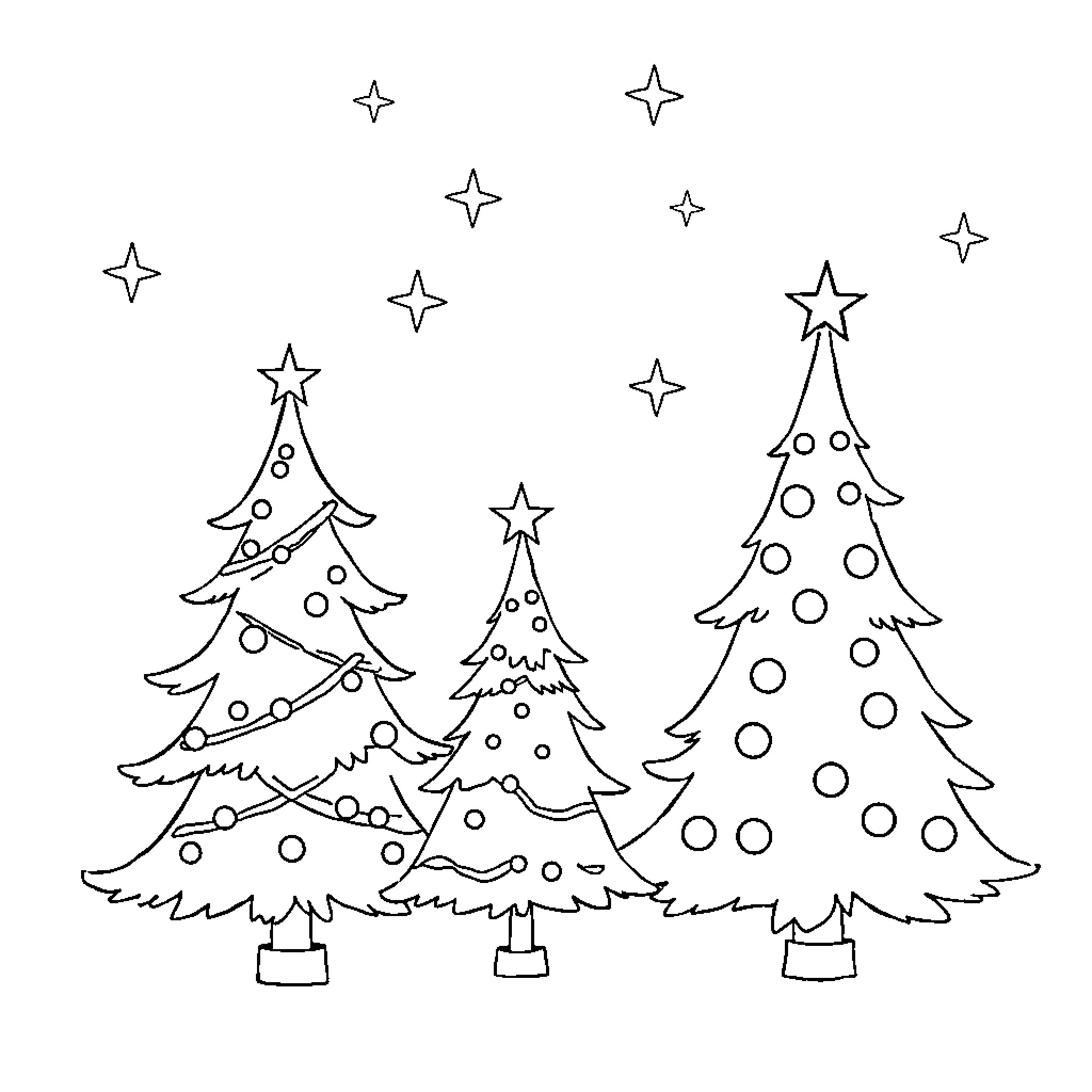 Trees with twinkling ornaments and stars Coloring Page (free black-and-white line drawing printable PDF for all, from beginners to advanced learners, including children, teens, adults, and seniors)