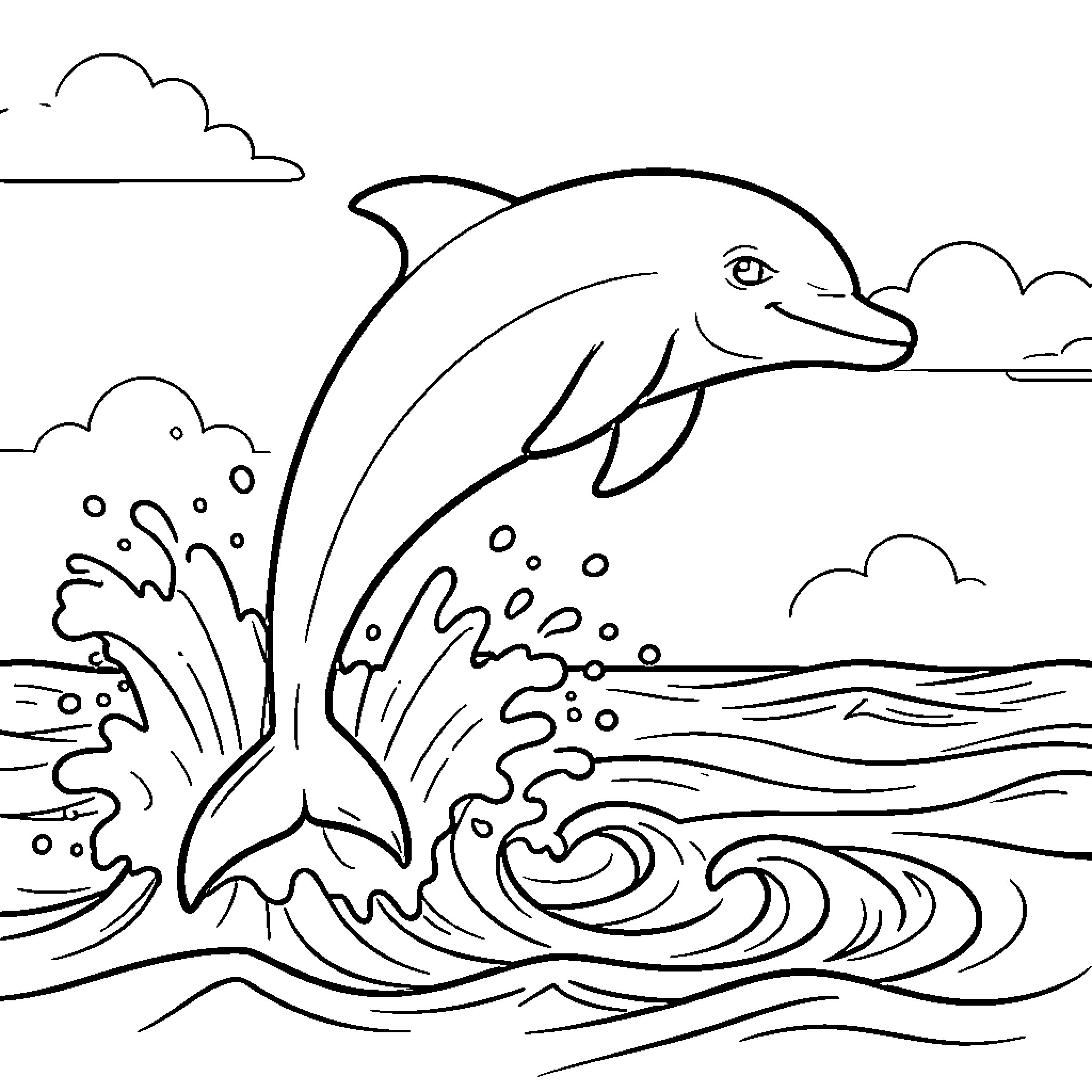 Dolphin leaping joyfully out of the ocean waves Coloring Page (free black-and-white line drawing printable PDF for all, from beginners to advanced learners, including children, teens, adults, and seniors)