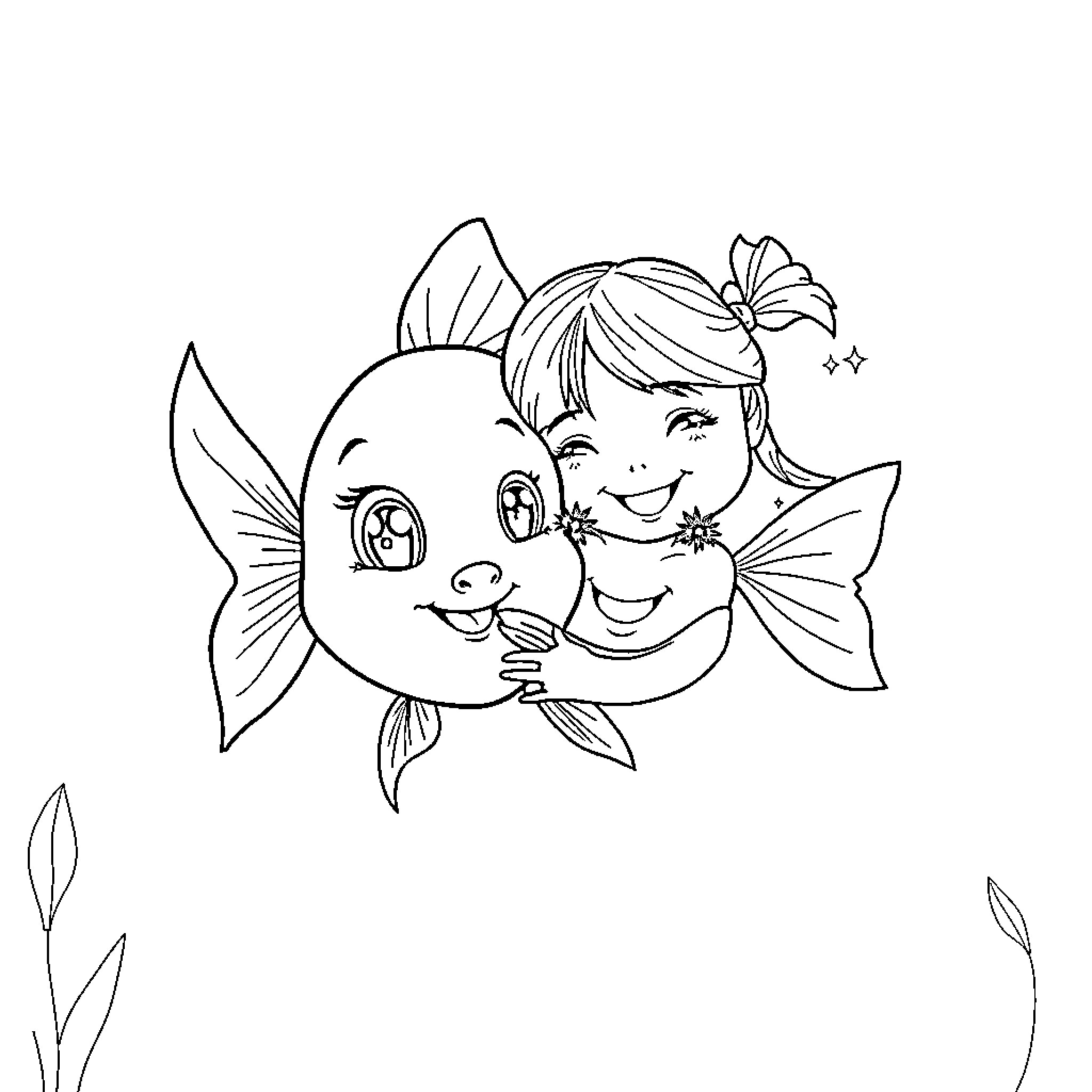 Goldfish friends enjoying a playful moment Coloring Page (free black-and-white line drawing printable PDF for all, from beginners to advanced learners, including children, teens, adults, and seniors)