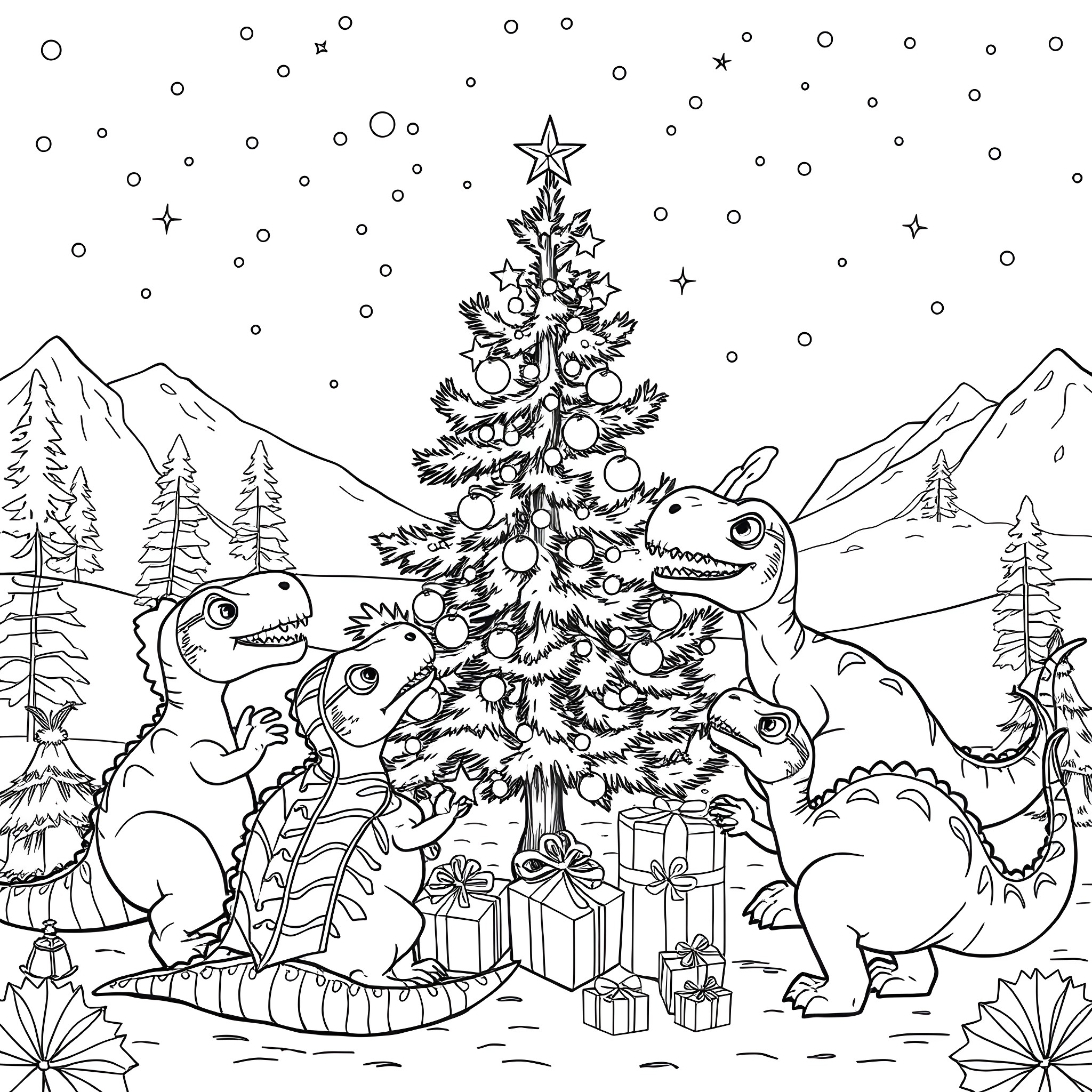 Dinosaurs Celebrating Christmas with Decorated Tree Coloring Page (free black-and-white line drawing printable PDF for all, from beginners to advanced learners, including children, teens, adults, and seniors)
