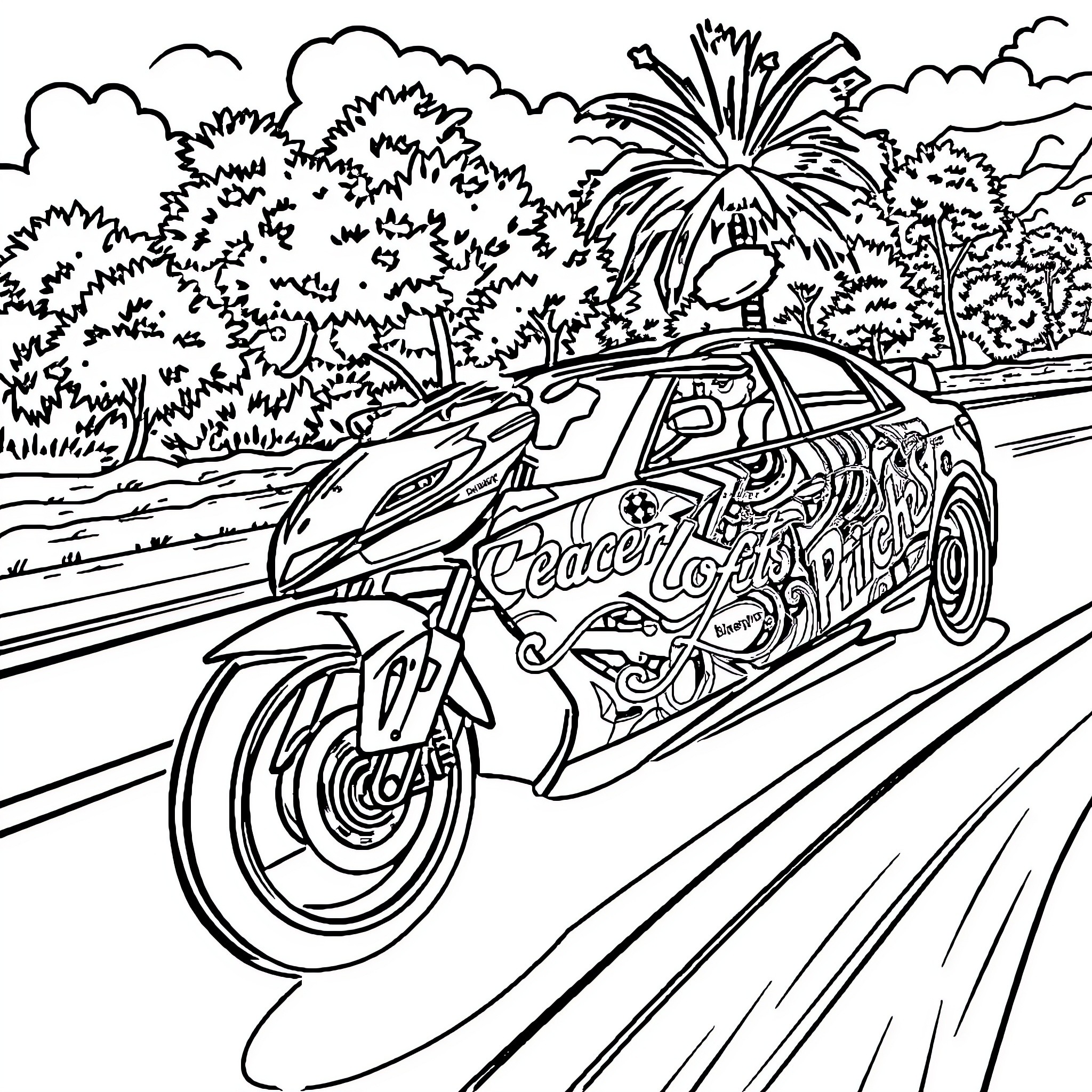 Race Car speeding through a colorful landscape Coloring Page (free black-and-white line drawing printable PDF for all, from beginners to advanced learners, including children, teens, adults, and seniors)