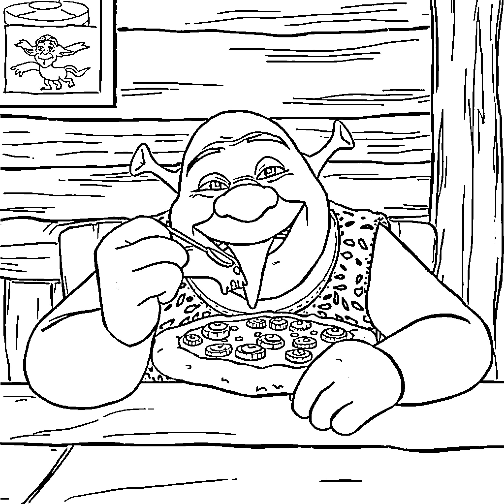 Shrek relaxing in his cozy home Coloring Page (free black-and-white line drawing printable PDF for all, from beginners to advanced learners, including children, teens, adults, and seniors)