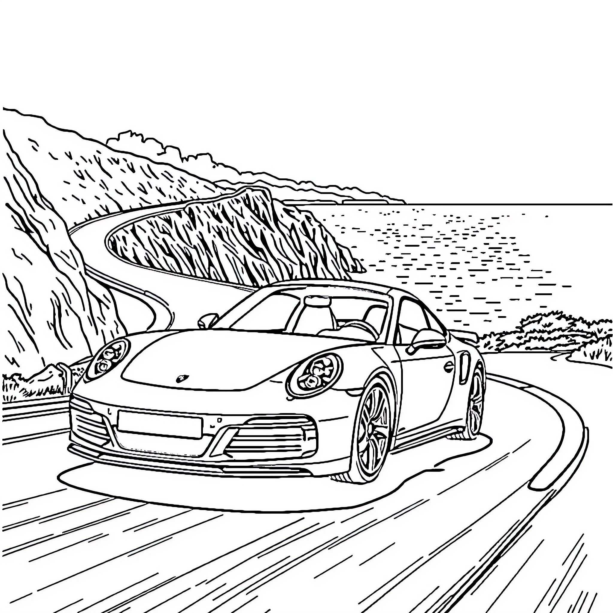 Porsche sports car speeding along the winding road Coloring Page (free black-and-white line drawing printable PDF for all, from beginners to advanced learners, including children, teens, adults, and seniors)