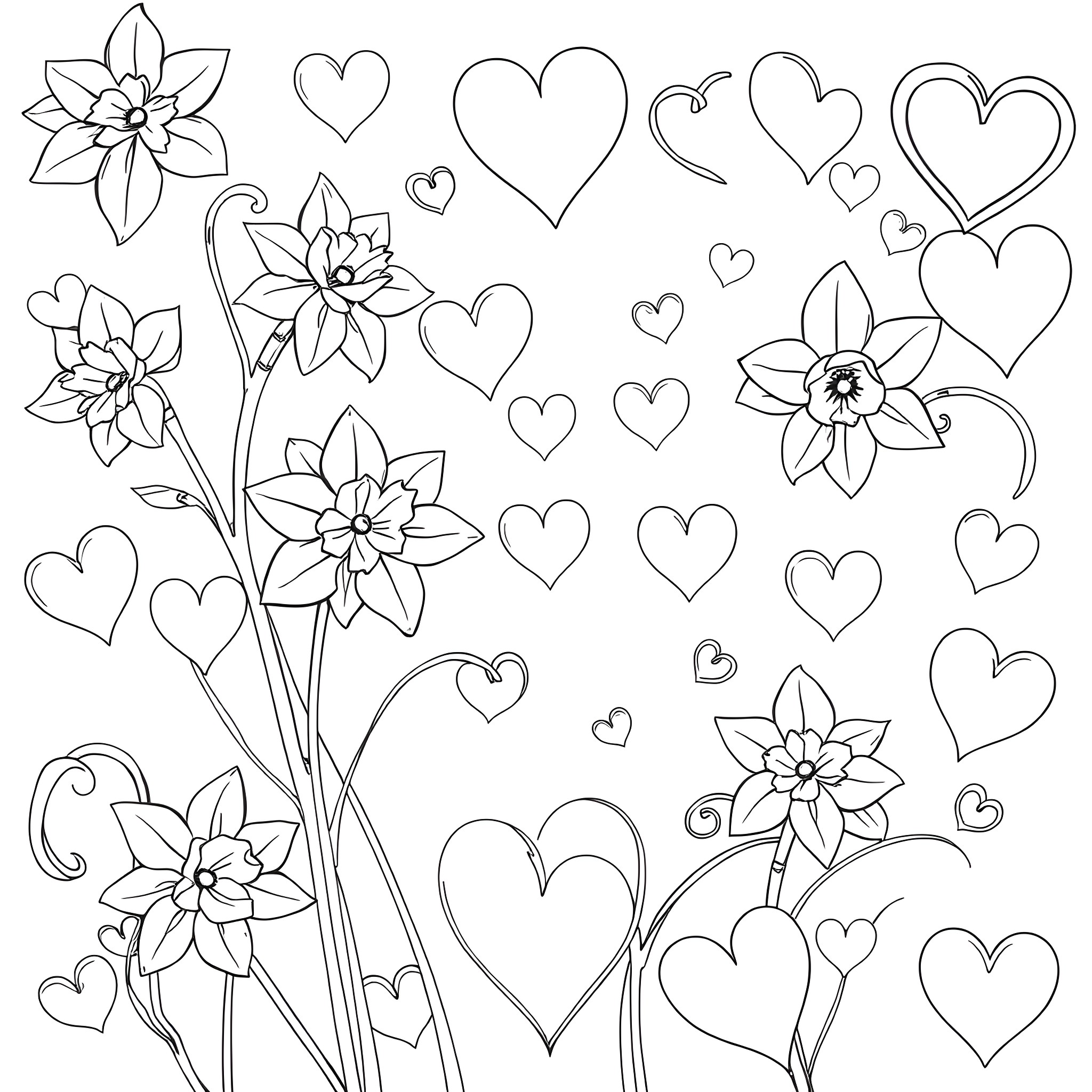 Daffodil flowers and hearts in a whimsical composition Coloring Page (free black-and-white line drawing printable PDF for all, from beginners to advanced learners, including children, teens, adults, and seniors)