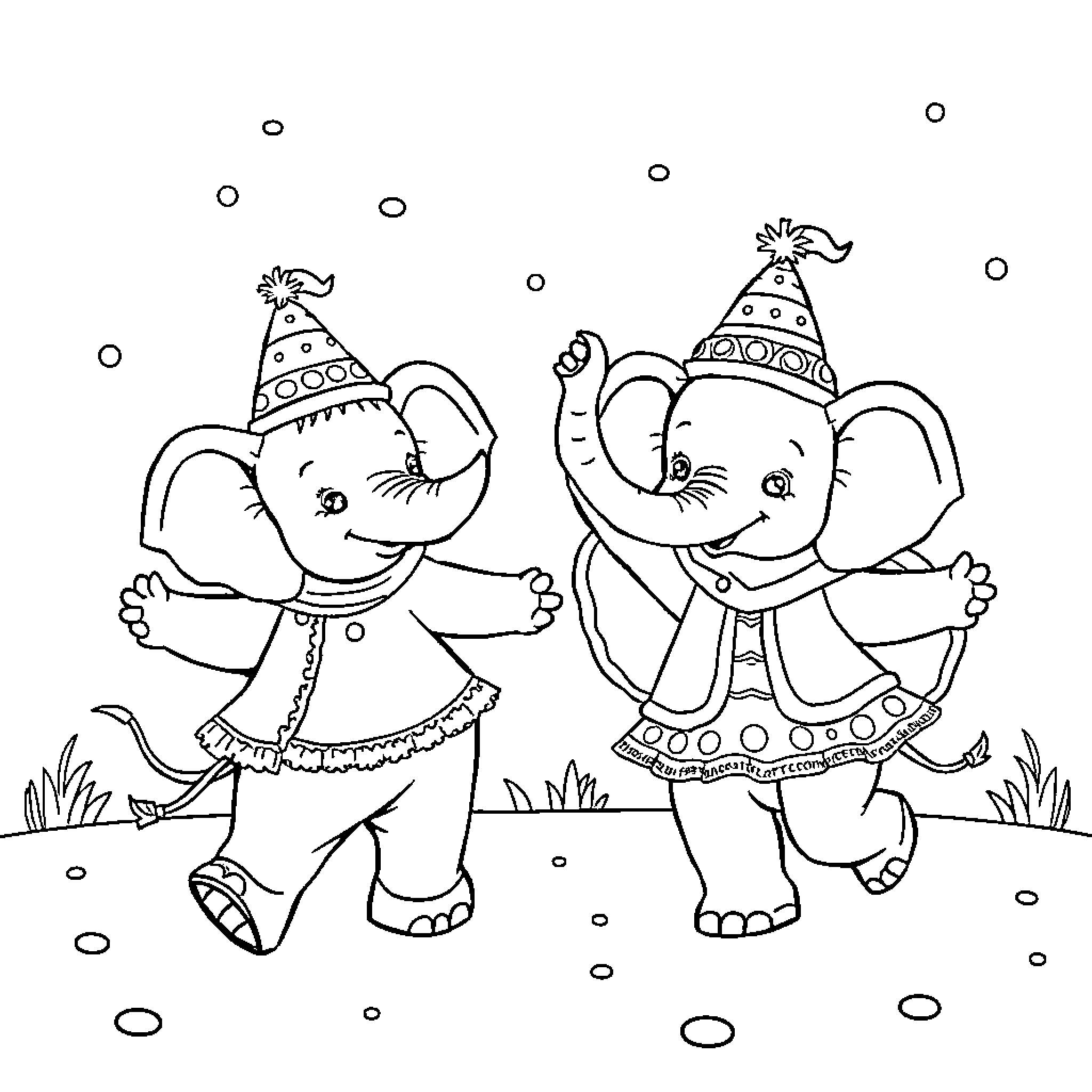 Elephants celebrate with party hats Coloring Page (free black-and-white line drawing printable PDF for all, from beginners to advanced learners, including children, teens, adults, and seniors)