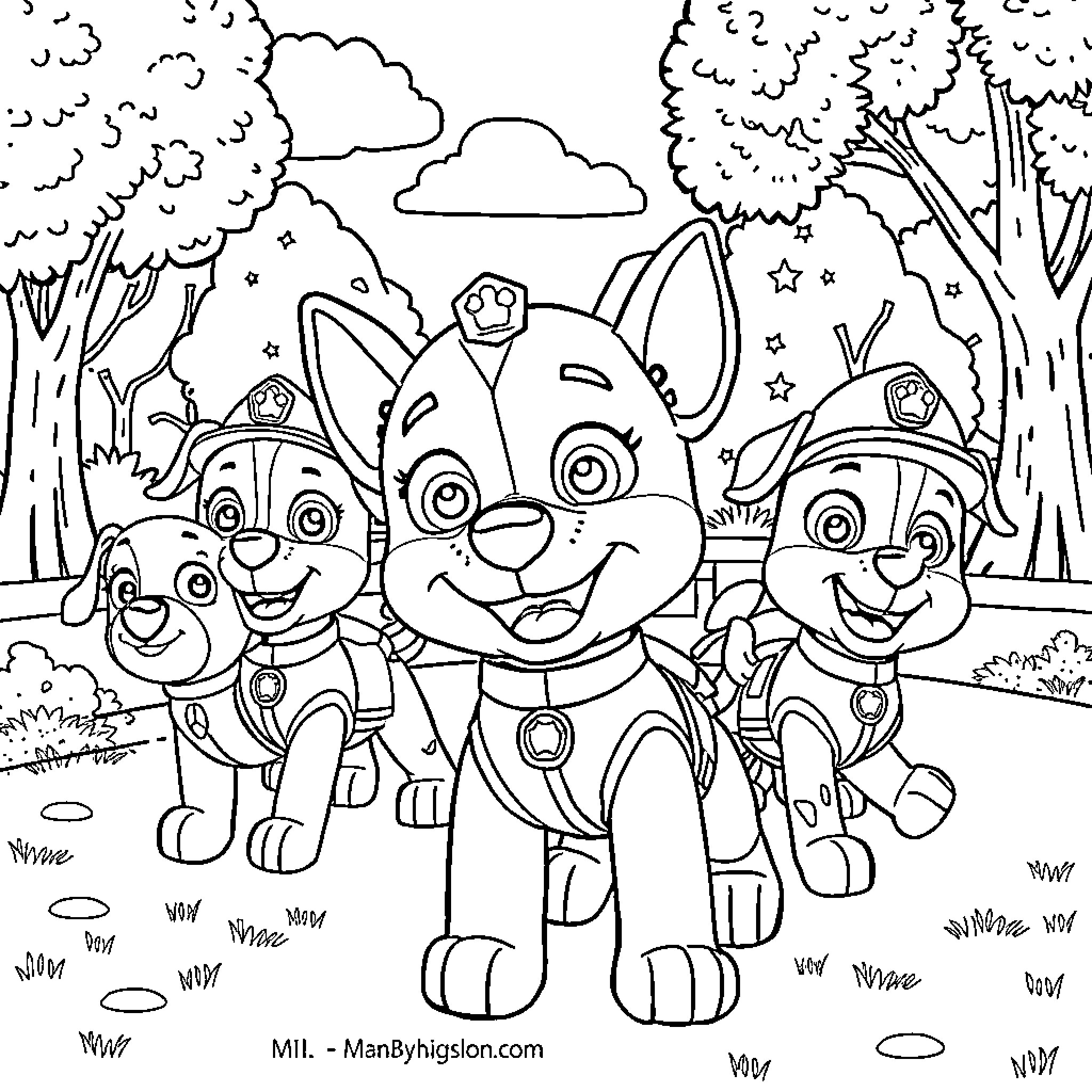 Bluey and Friends Explore the Colorful Outdoors Coloring Page (free black-and-white line drawing printable PDF for all, from beginners to advanced learners, including children, teens, adults, and seniors)