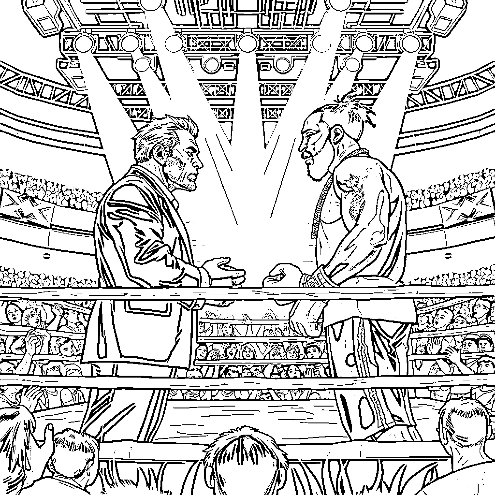 Freeze Corleone: Intense confrontation in ornate arena Coloring Page (free black-and-white line drawing printable PDF for all, from beginners to advanced learners, including children, teens, adults, and seniors)