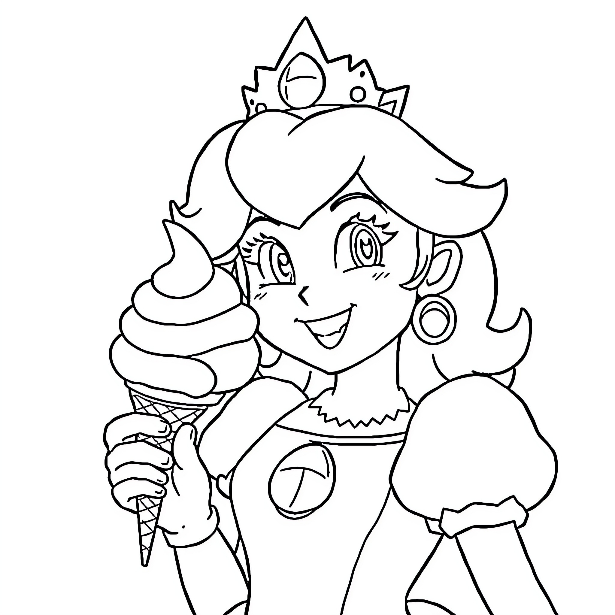 Princess Enjoying Ice Cream on a Sunny Day Coloring Page (free black-and-white line drawing printable PDF for all, from beginners to advanced learners, including children, teens, adults, and seniors)