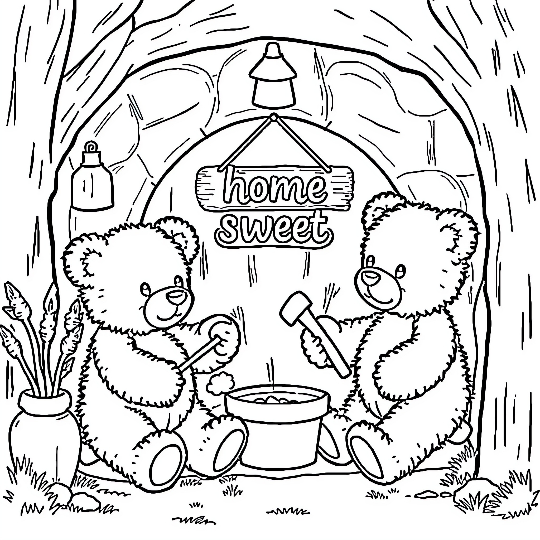 Teddy Bears Decorating Their Home Sweet Home Coloring Page (free black-and-white line drawing printable PDF for all, from beginners to advanced learners, including children, teens, adults, and seniors)