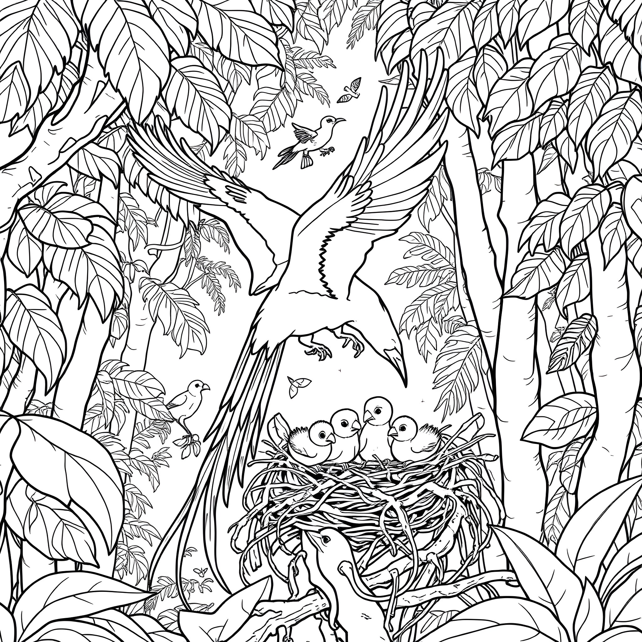 Quetzal bird tending to its nest in a lush tropical forest Coloring Page (free black-and-white line drawing printable PDF for all, from beginners to advanced learners, including children, teens, adults, and seniors)