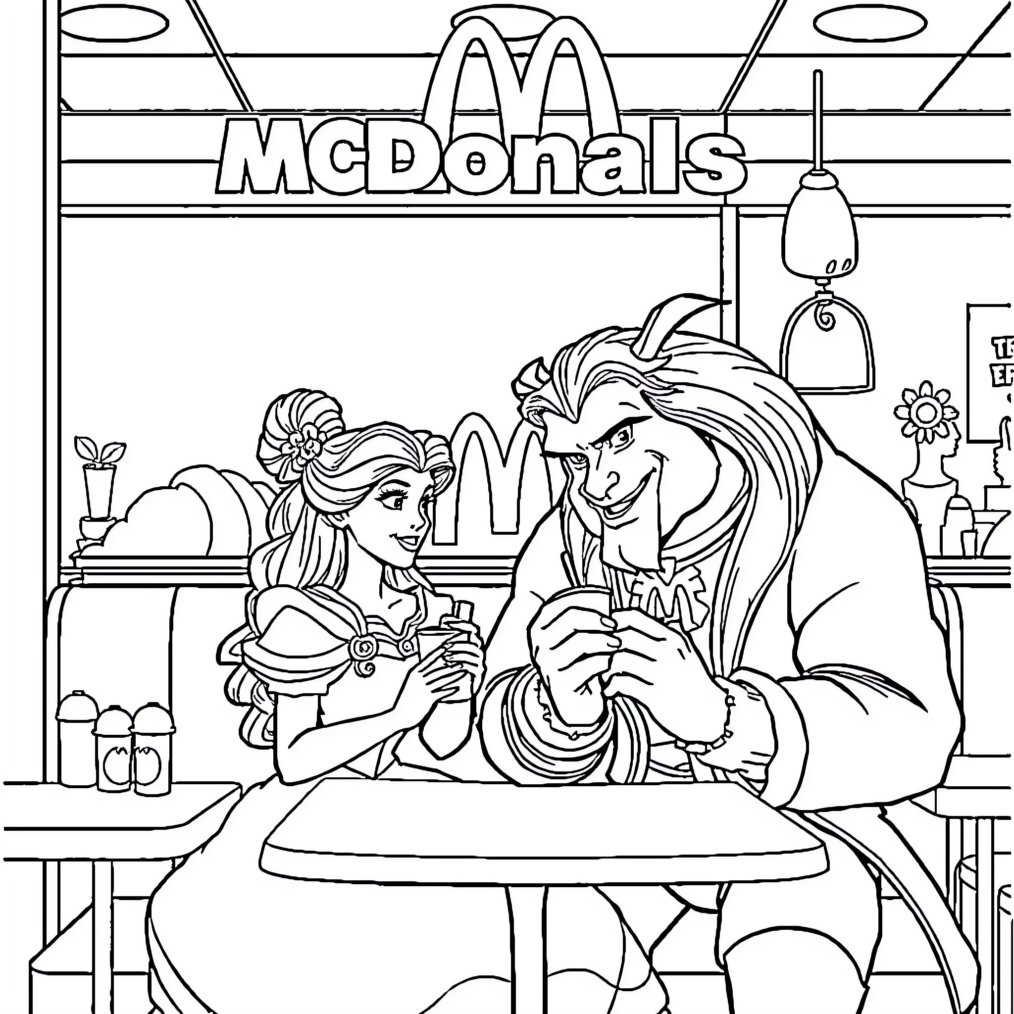 Beauty And The Beast Enjoying Fast Food Meal At McDonald's Coloring Page (free black-and-white line drawing printable PDF for all, from beginners to advanced learners, including children, teens, adults, and seniors)