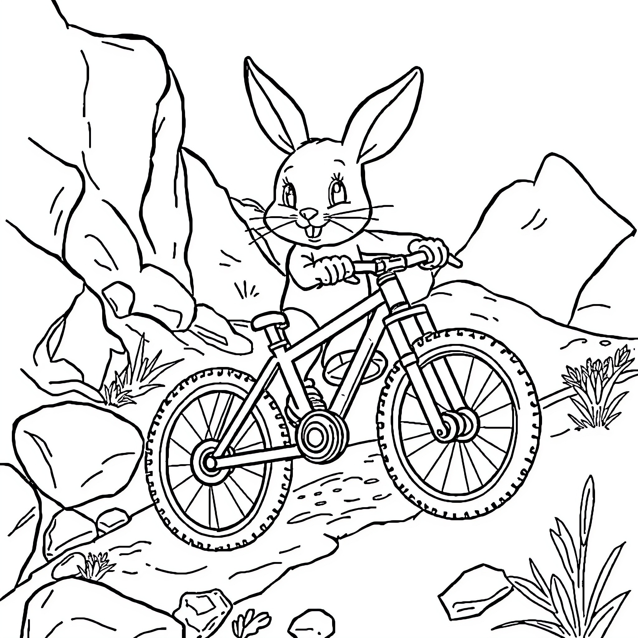 Rabbit riding a bicycle in the wilderness Coloring Page (free black-and-white line drawing printable PDF for all, from beginners to advanced learners, including children, teens, adults, and seniors)