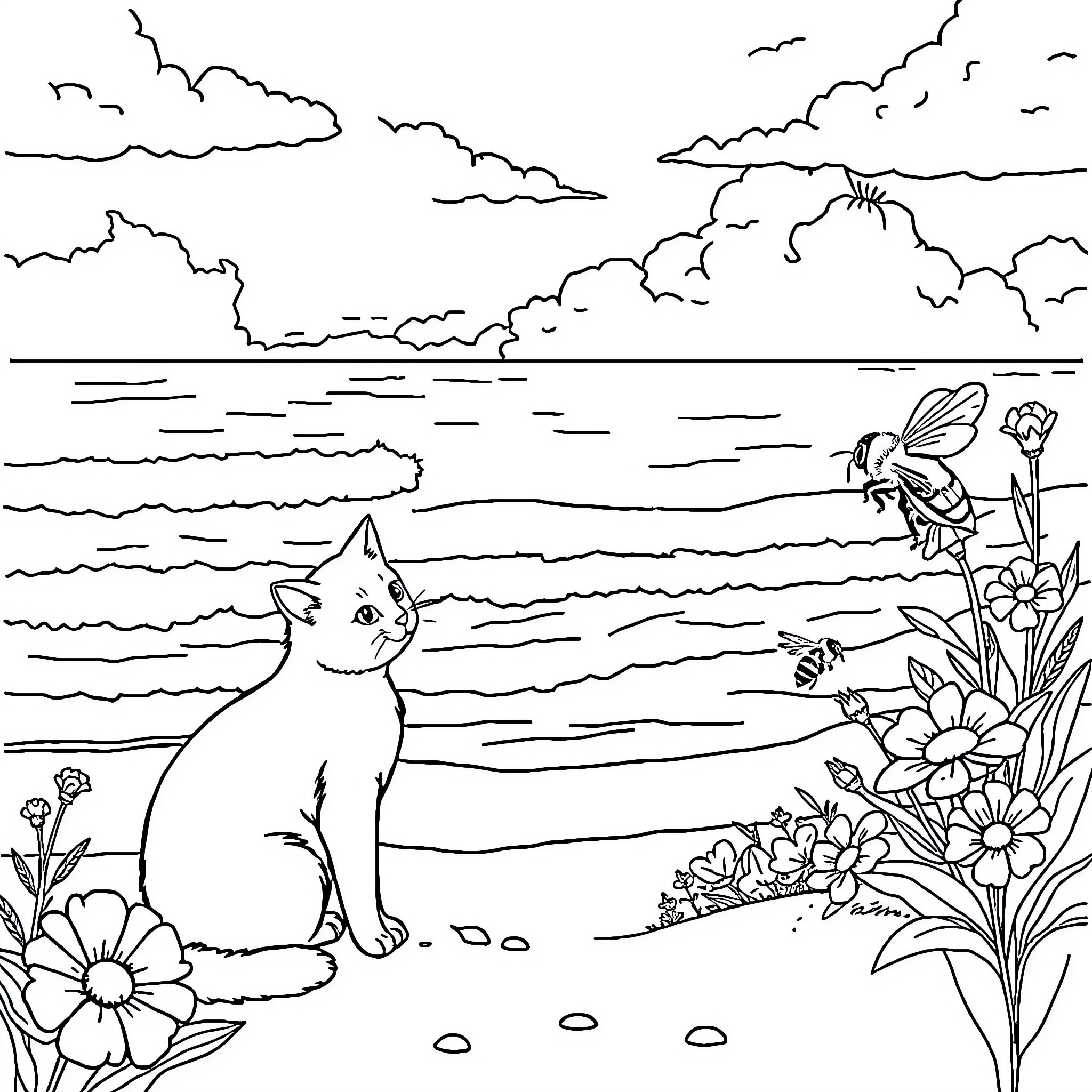 Cat enjoying natural scenery with flowers and insects Coloring Page (free black-and-white line drawing printable PDF for all, from beginners to advanced learners, including children, teens, adults, and seniors)