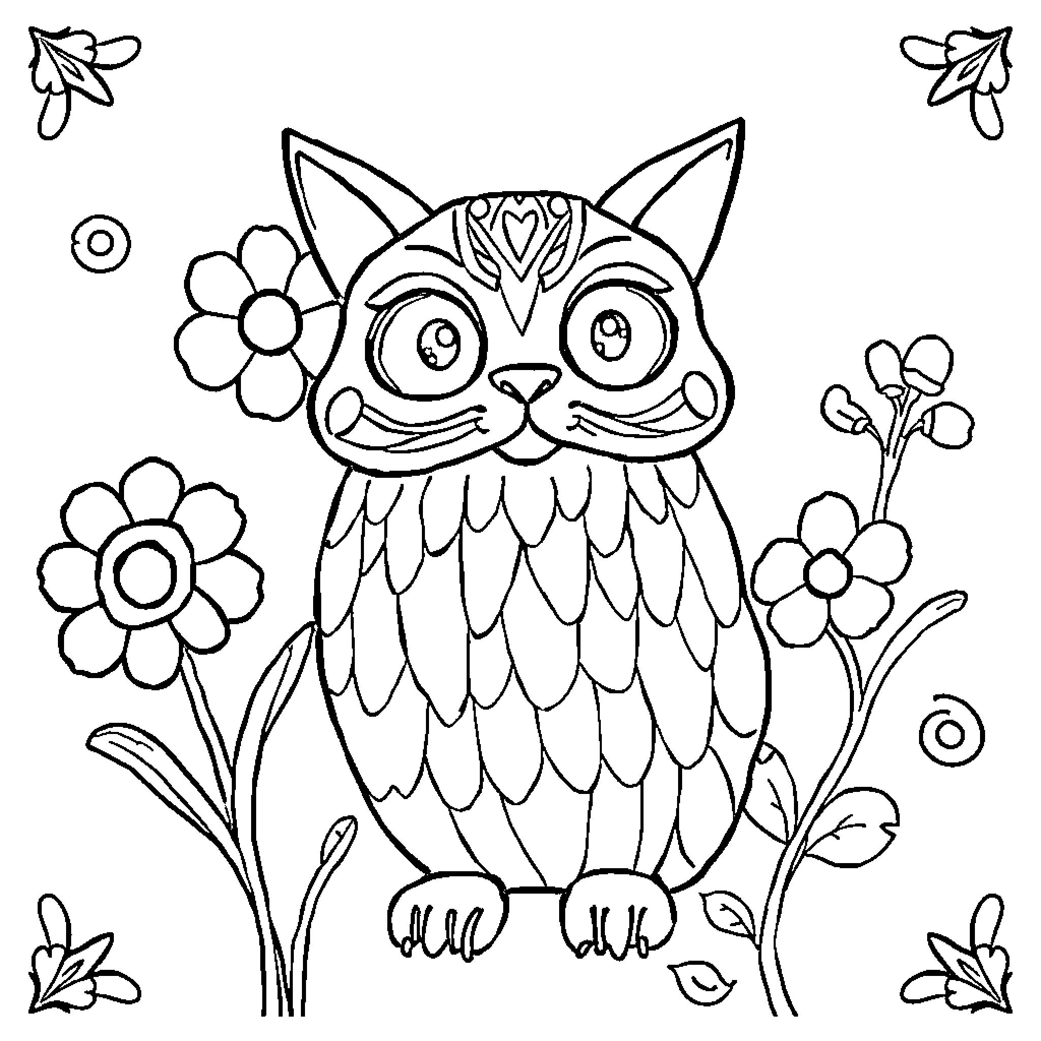 Satisfying whimsical cat amidst flowery garden Coloring Page (free black-and-white line drawing printable PDF for all, from beginners to advanced learners, including children, teens, adults, and seniors)