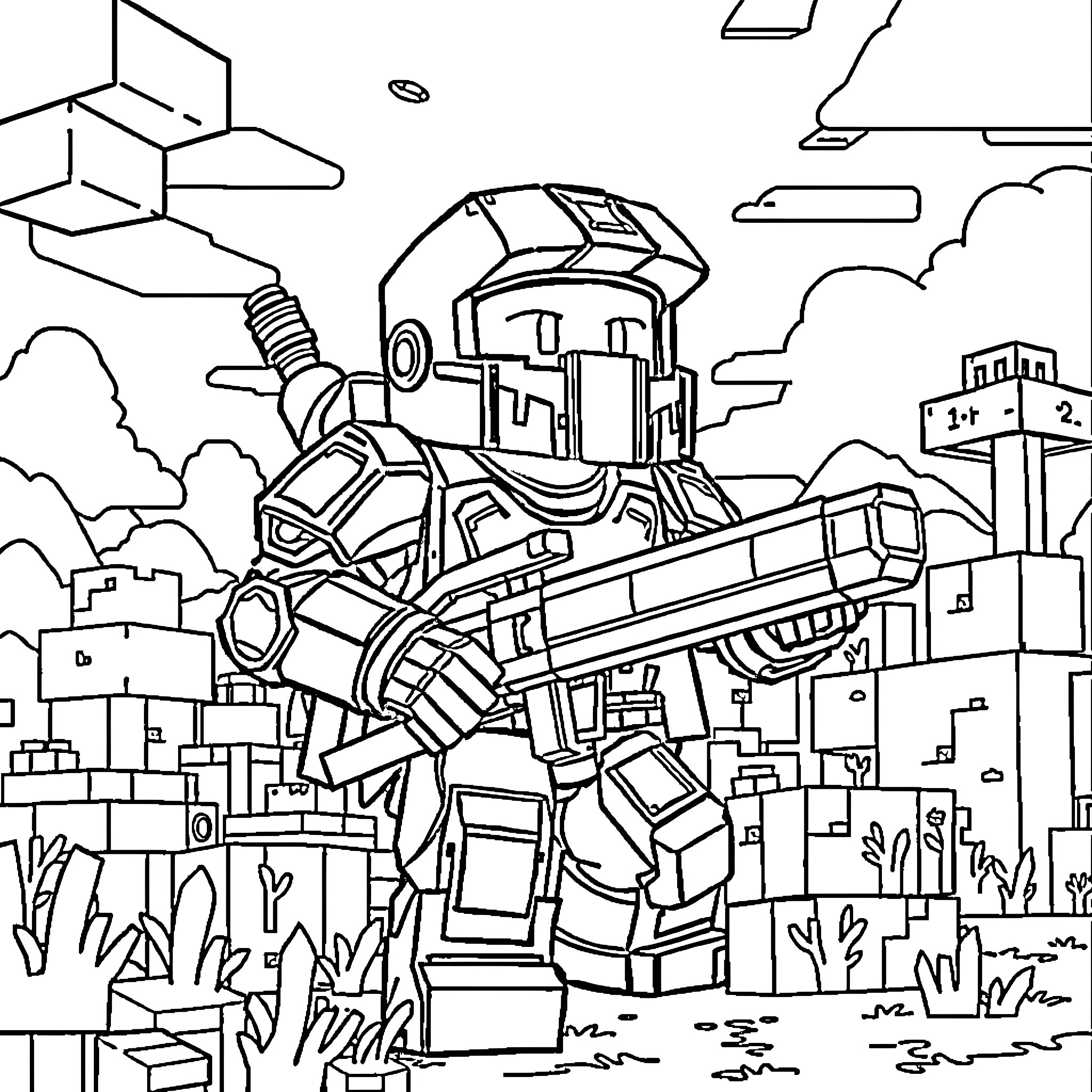 Master Chief in Futuristic Cityscape Coloring Page (free black-and-white line drawing printable PDF for all, from beginners to advanced learners, including children, teens, adults, and seniors)