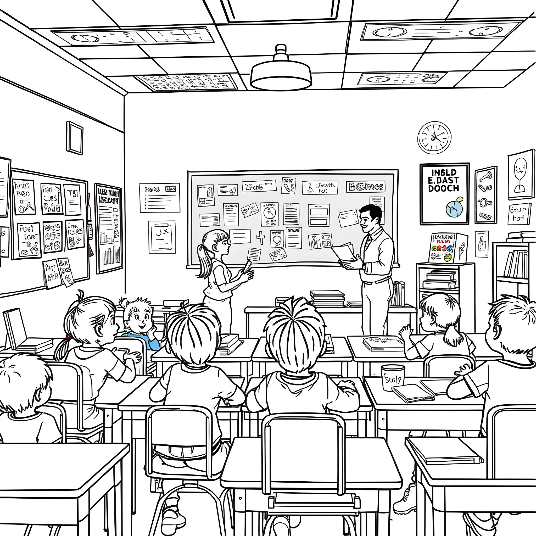 Child Studying and Learning in Classroom Coloring Page (free black-and-white line drawing printable PDF for all, from beginners to advanced learners, including children, teens, adults, and seniors)