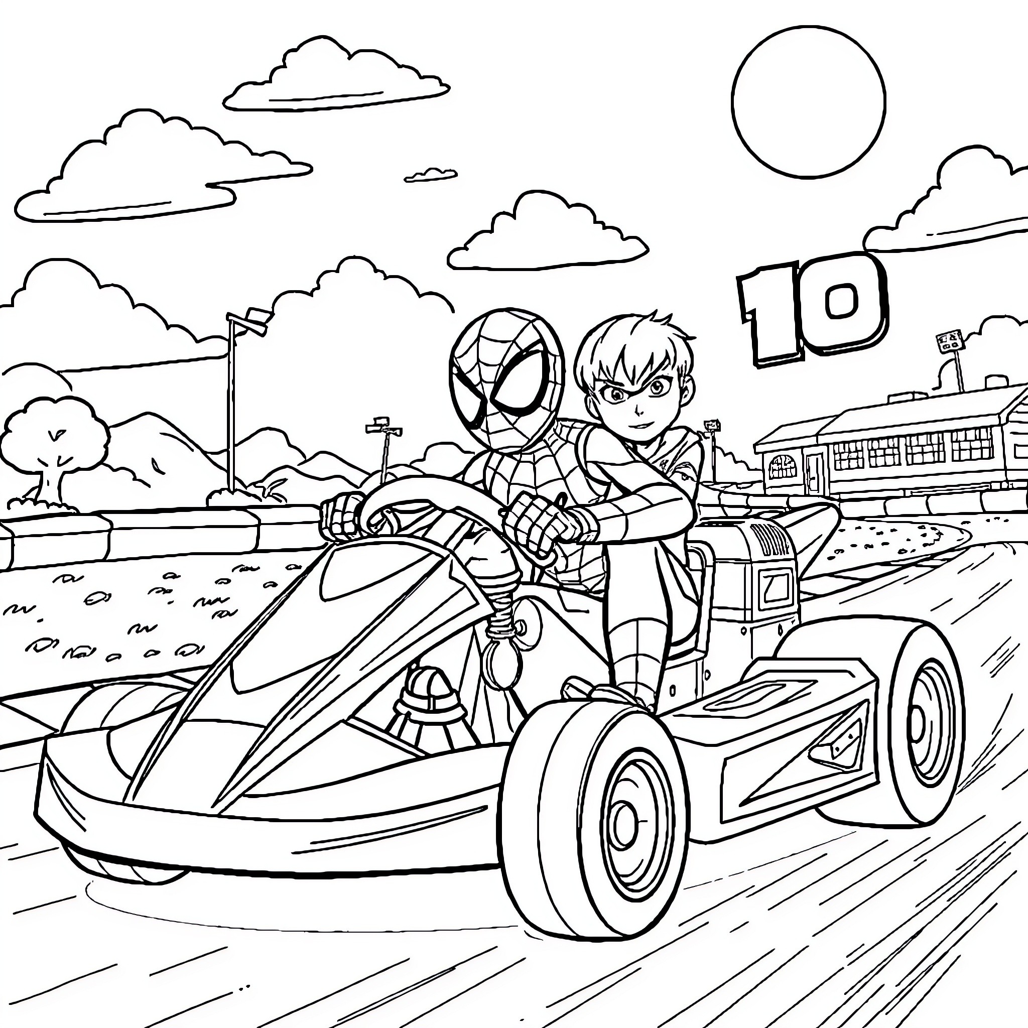 Spiderman racing with his go-kart on the track Coloring Page (free black-and-white line drawing printable PDF for all, from beginners to advanced learners, including children, teens, adults, and seniors)