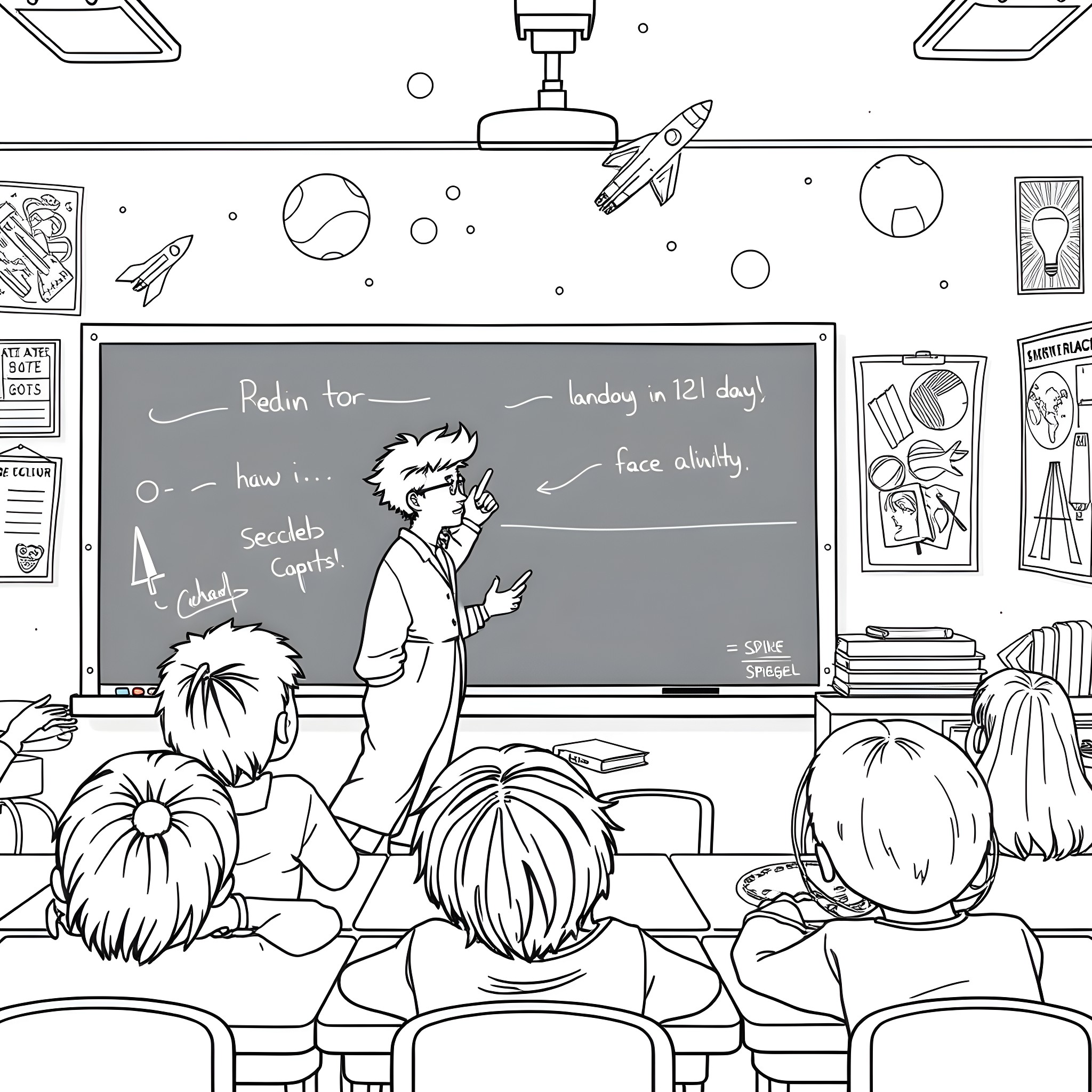 Spike Spiegel teaching a class in a space-themed classroom Coloring Page (free black-and-white line drawing printable PDF for all, from beginners to advanced learners, including children, teens, adults, and seniors)