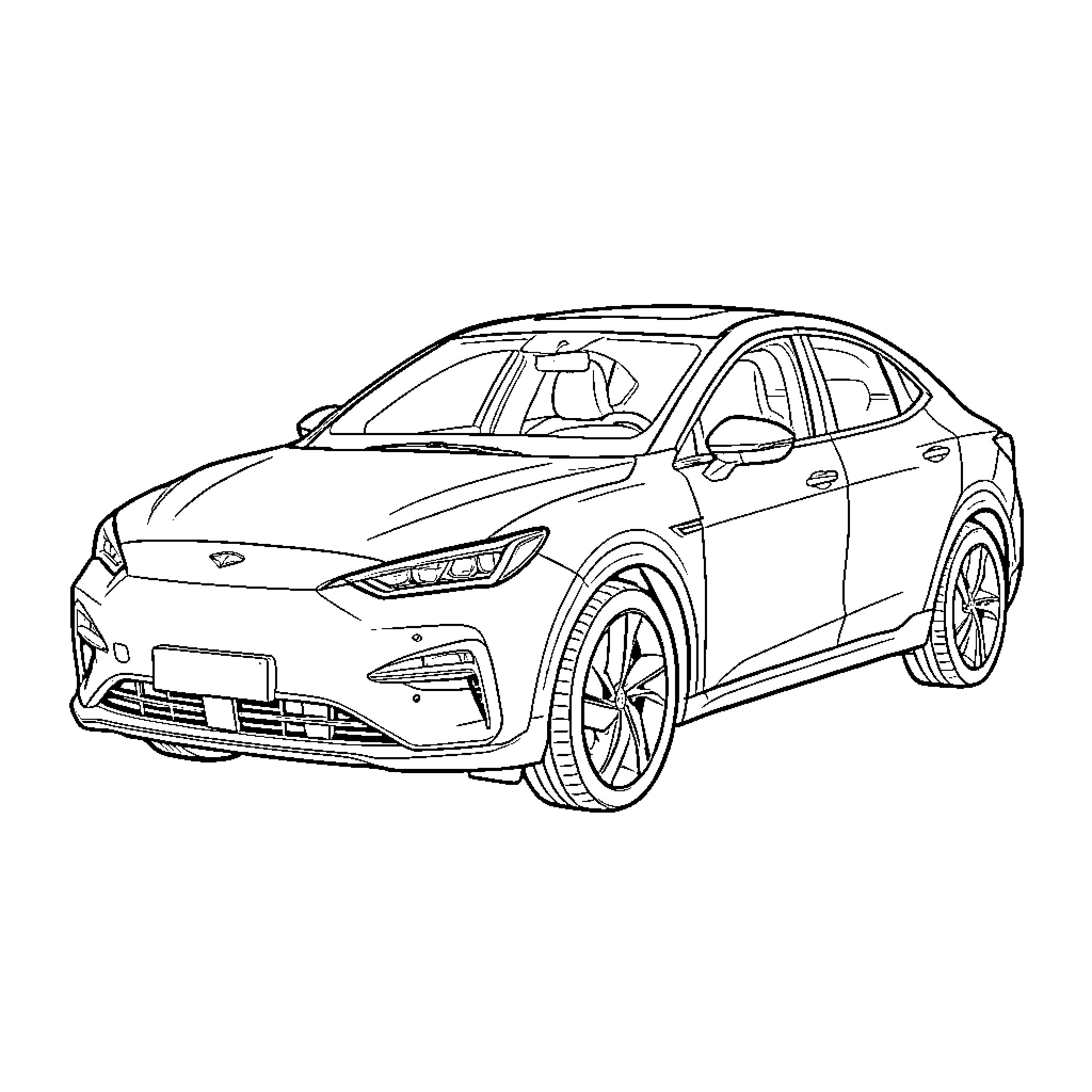 Leapmotor B05 parked in a clean minimalist setting Coloring Page (free black-and-white line drawing printable PDF for all, from beginners to advanced learners, including children, teens, adults, and seniors)