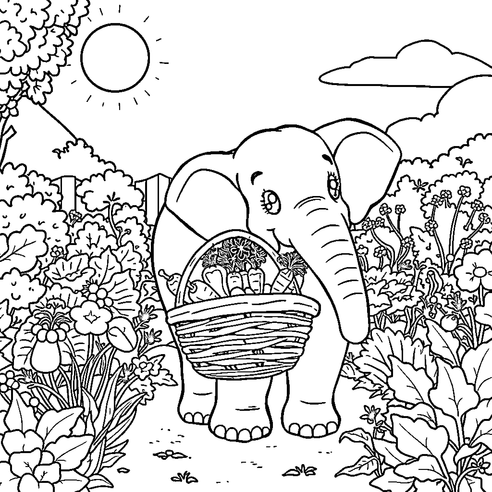 Elephant carrying a basket in a lush garden Coloring Page (free black-and-white line drawing printable PDF for all, from beginners to advanced learners, including children, teens, adults, and seniors)