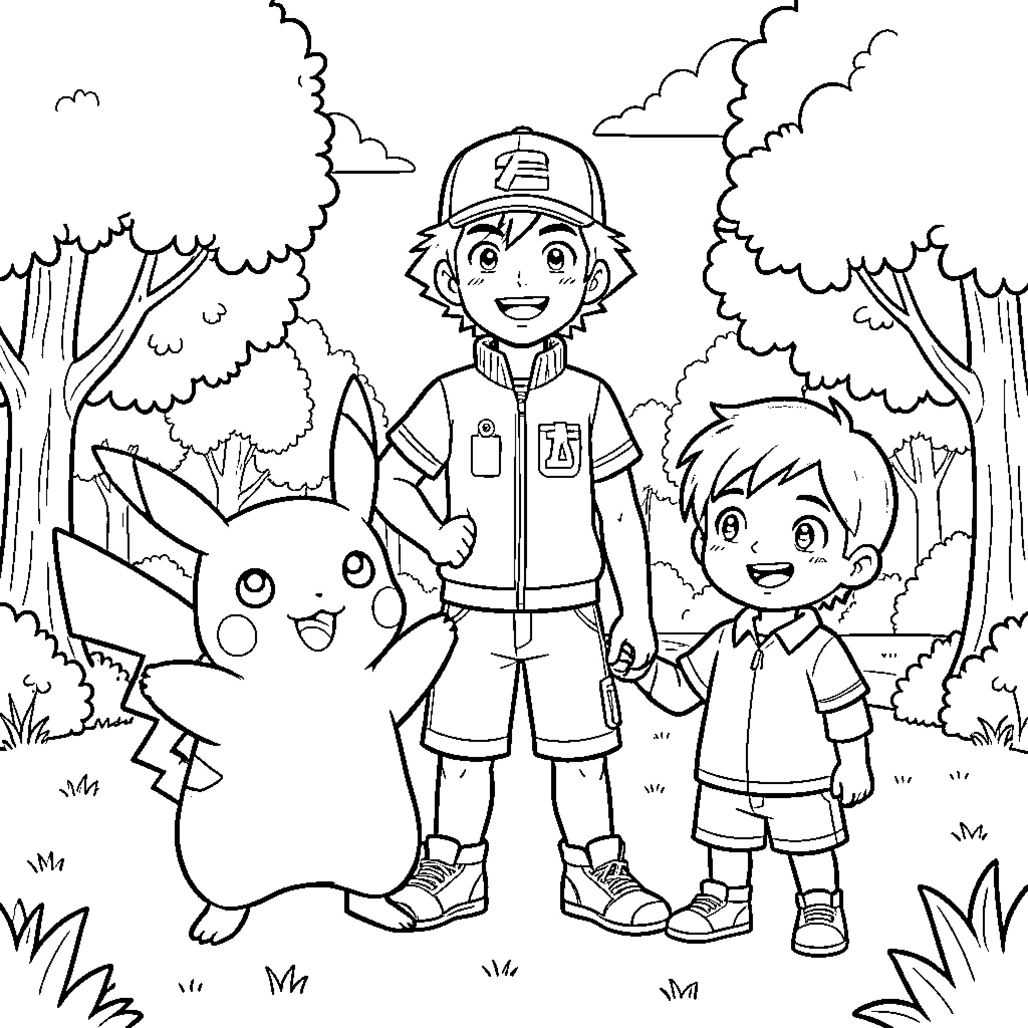Pikachu and young trainers exploring the forest Coloring Page (free black-and-white line drawing printable PDF for all, from beginners to advanced learners, including children, teens, adults, and seniors)