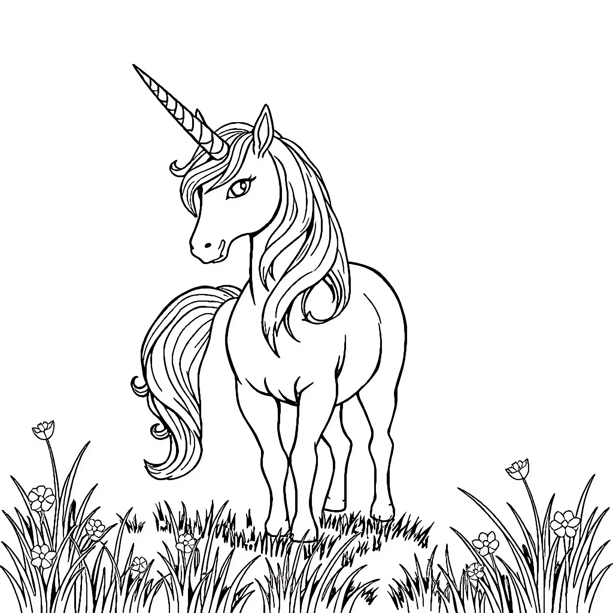 Unicorn standing regally in a flowery meadow Coloring Page (free black-and-white line drawing printable PDF for all, from beginners to advanced learners, including children, teens, adults, and seniors)