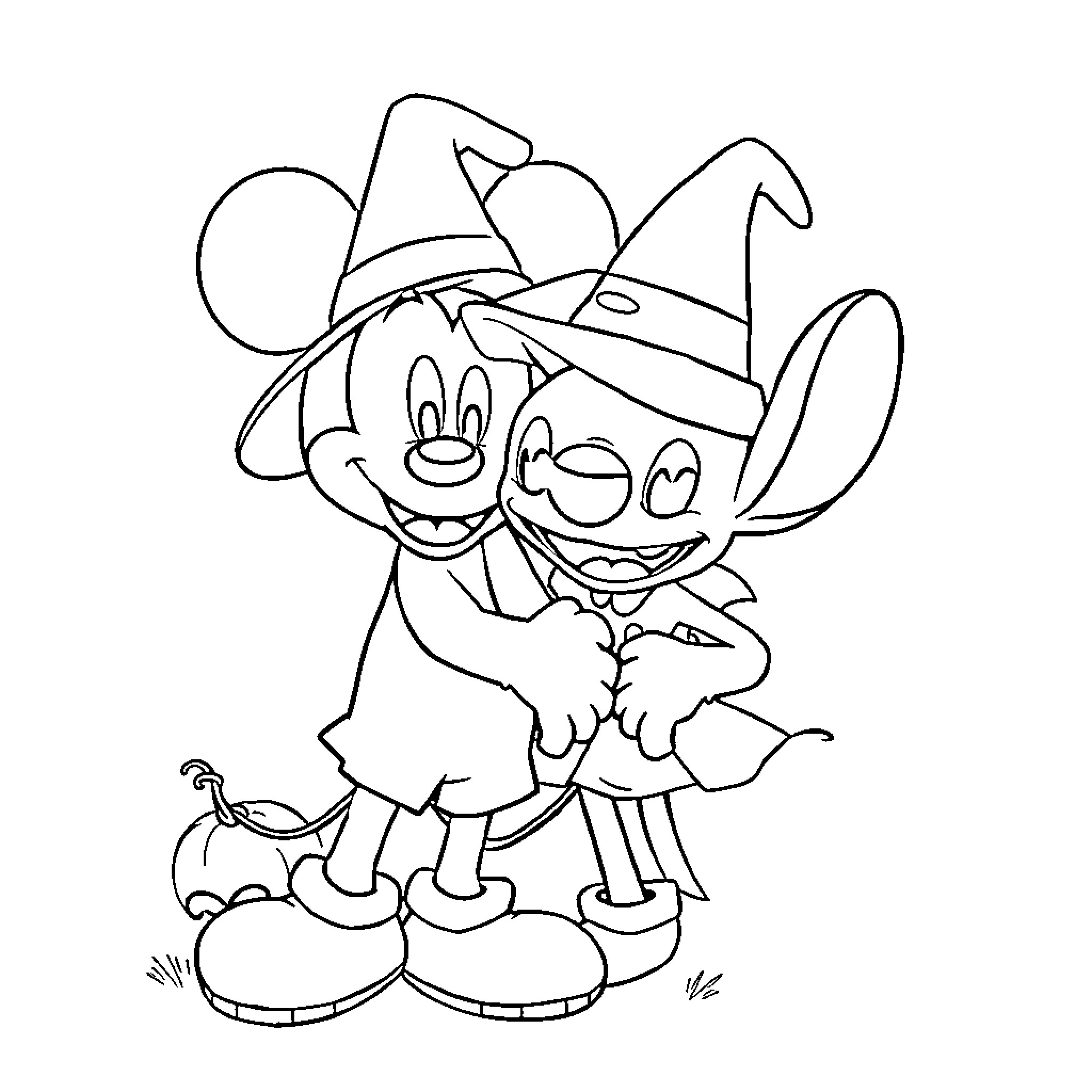 Mickey Mouse and Friend in Witch Costumes Coloring Page (free black-and-white line drawing printable PDF for all, from beginners to advanced learners, including children, teens, adults, and seniors)