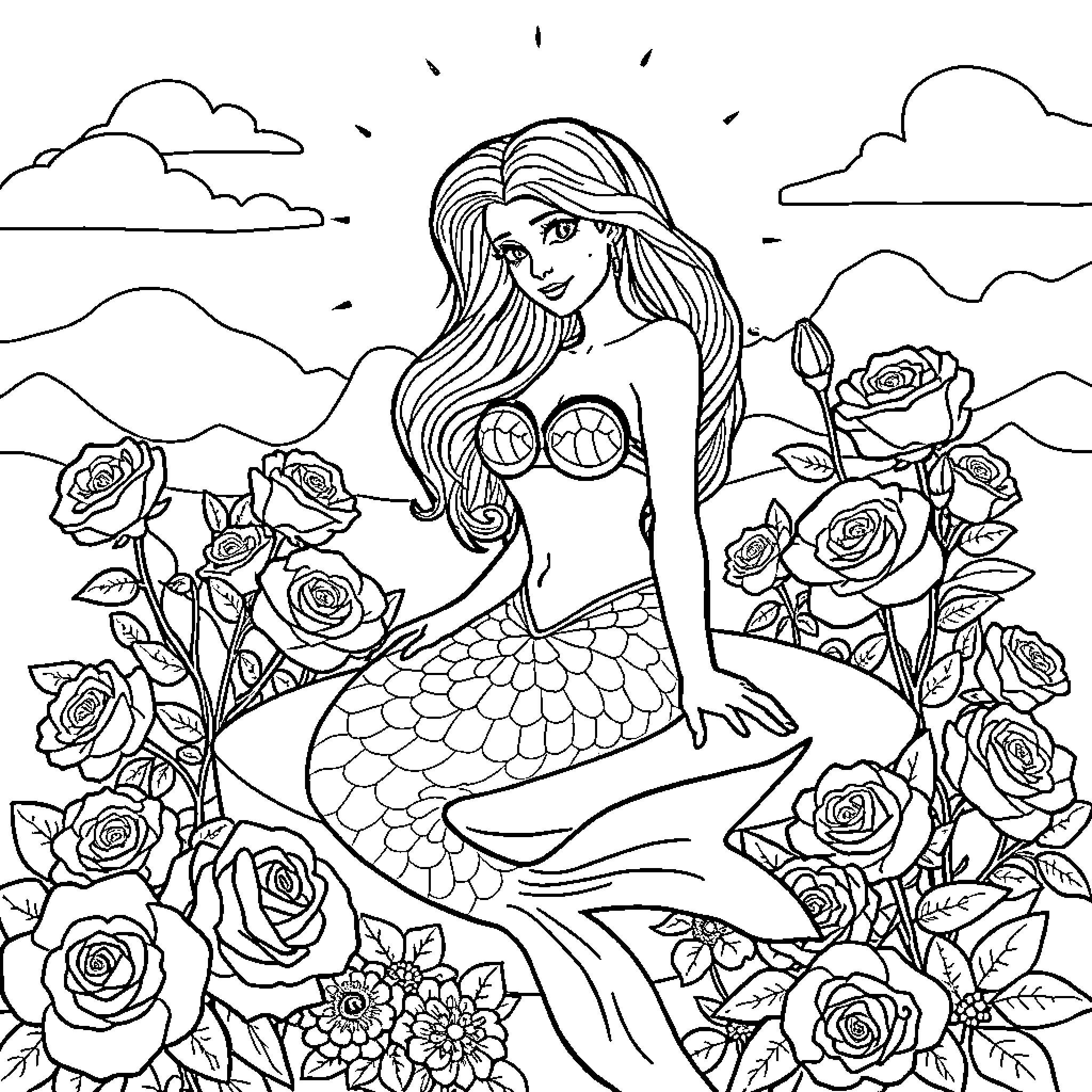 Mermaid surrounded by blooming roses Coloring Page (free black-and-white line drawing printable PDF for all, from beginners to advanced learners, including children, teens, adults, and seniors)